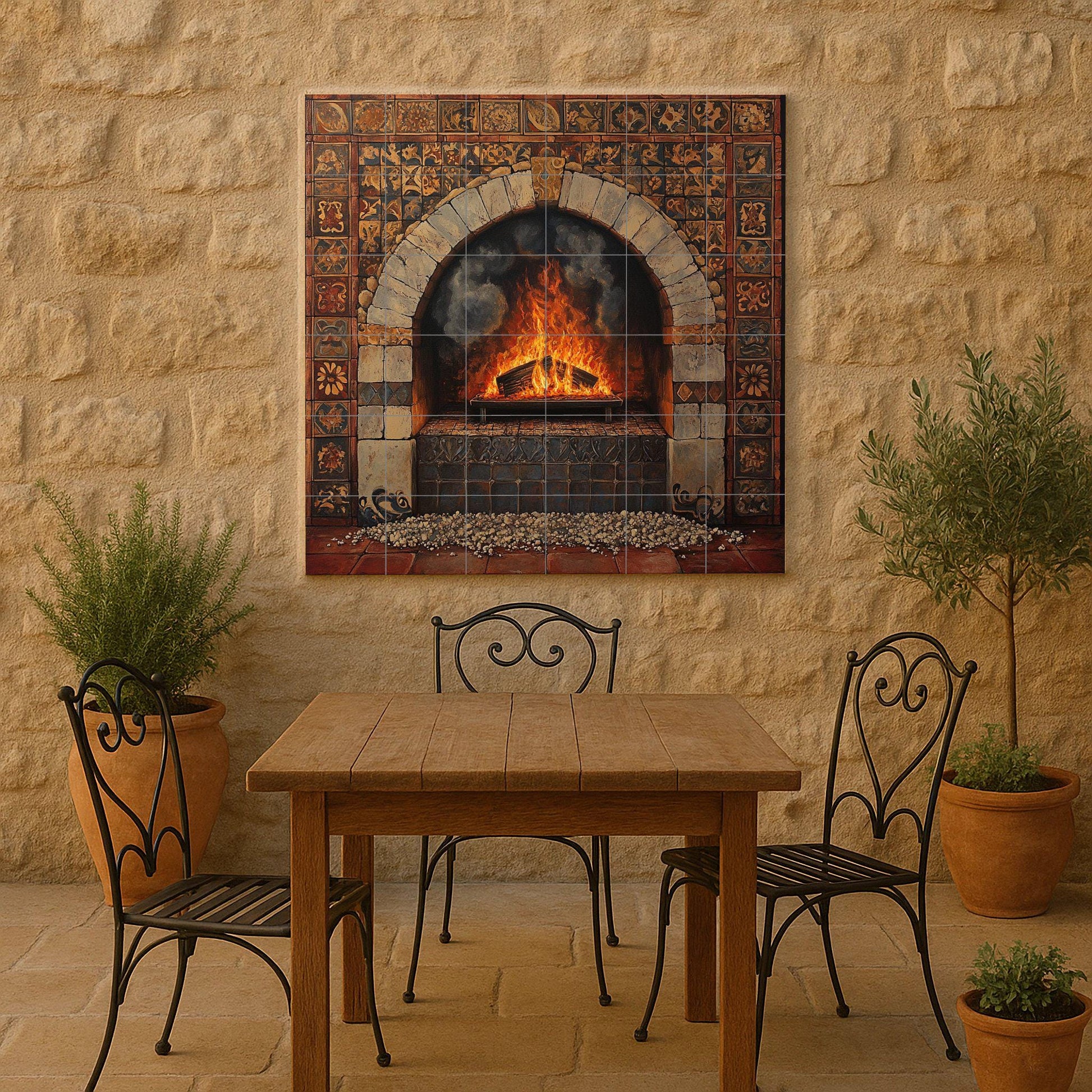 Chimenea Rustica e Arco di Pietra Toscana · Murale Ceramico — Arte Naturale da Parete