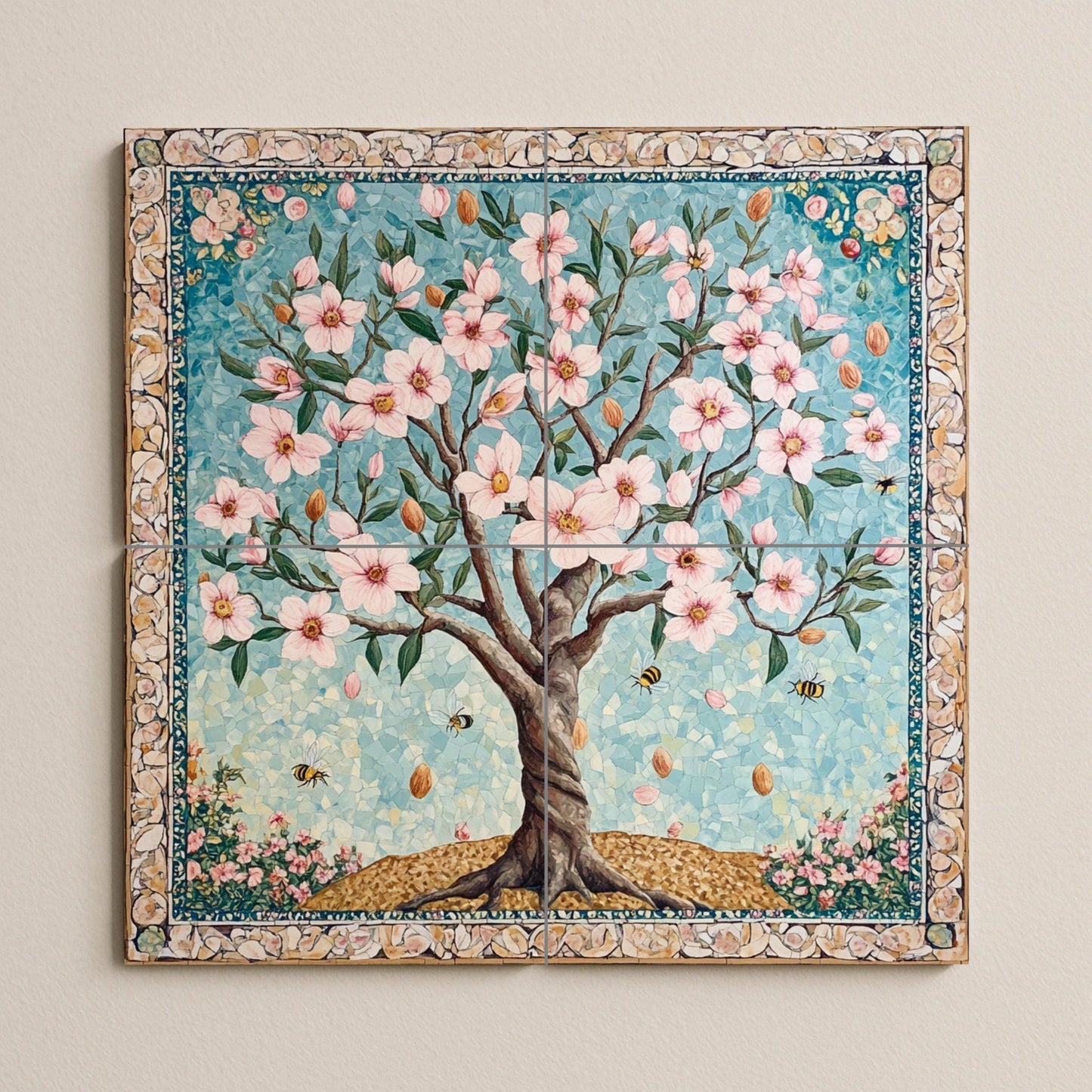 Mural de azulejos cerámicos de flor de almendro persa con abejas y…