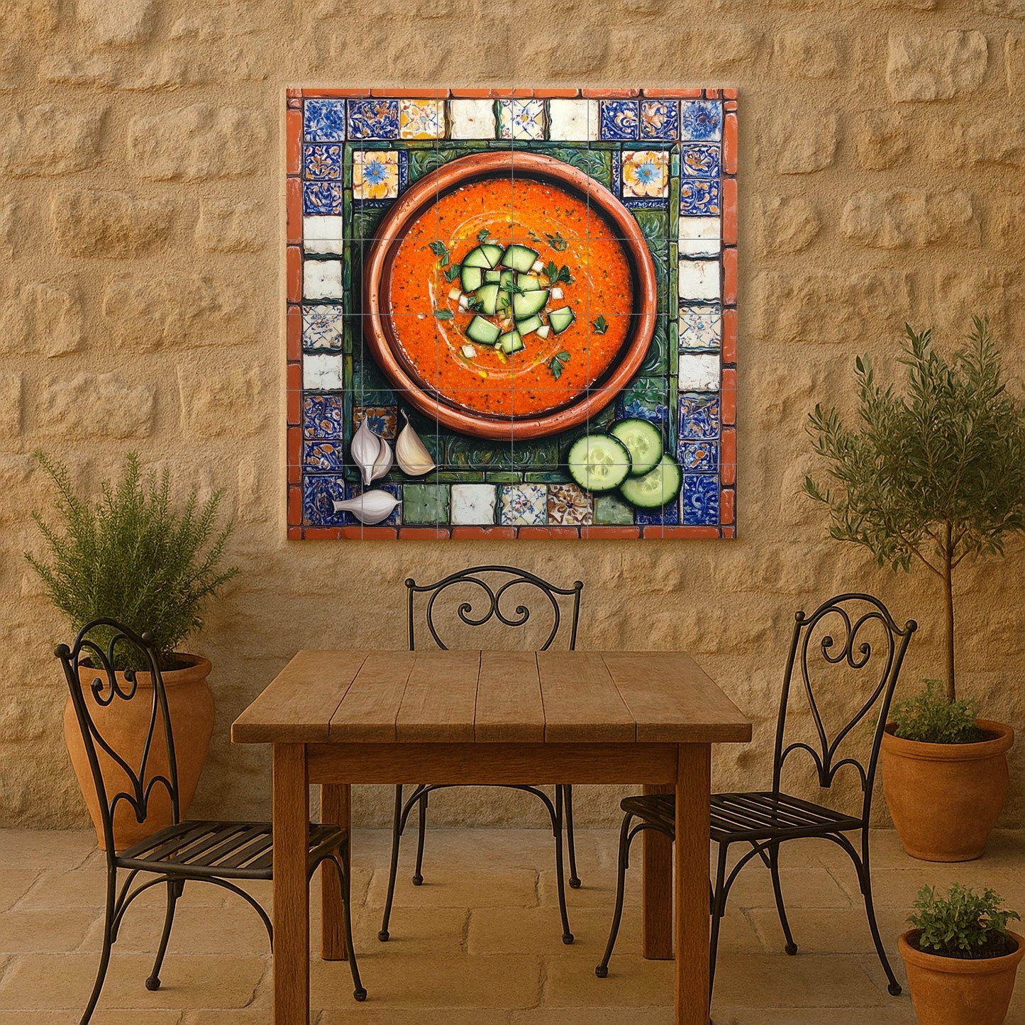 Mural de azulejos cerámicos de gazpacho andaluz con cuenco de…