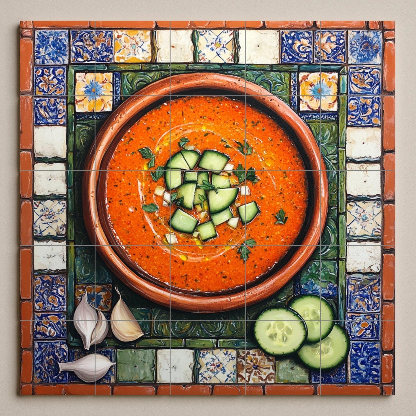 Mural de azulejos cerámicos de gazpacho andaluz con cuenco de…