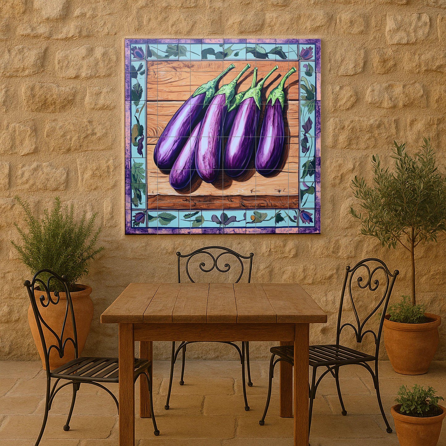 Color berenjena mediterráneo con fondo de made · Murale Ceramico — Paesaggio Botanico