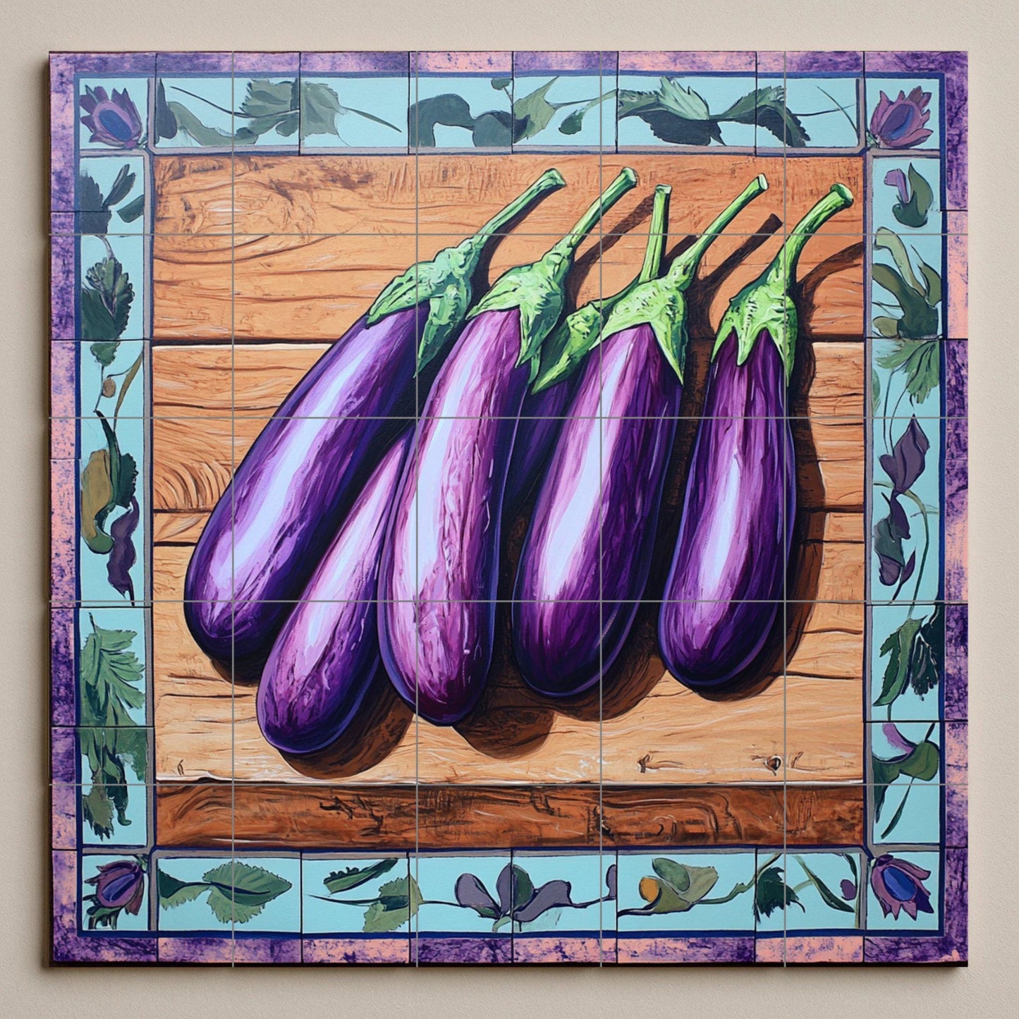 Color berenjena mediterráneo con fondo de made · Murale Ceramico — Paesaggio Botanico