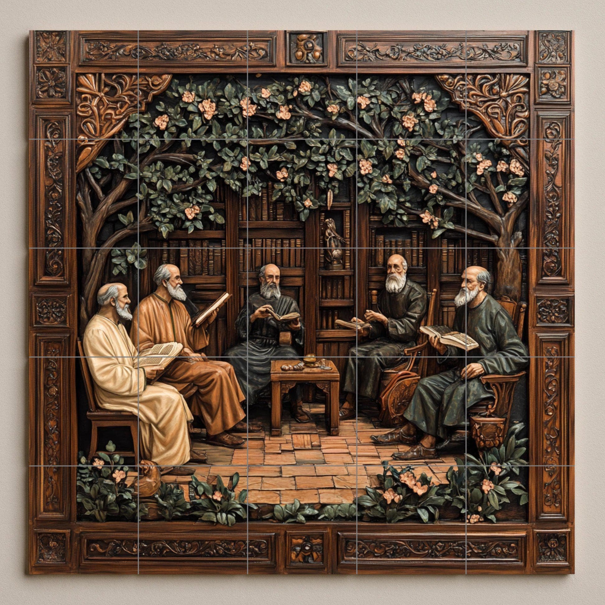 Mural de azulejos cerámicos monásticos medievales con eruditos…