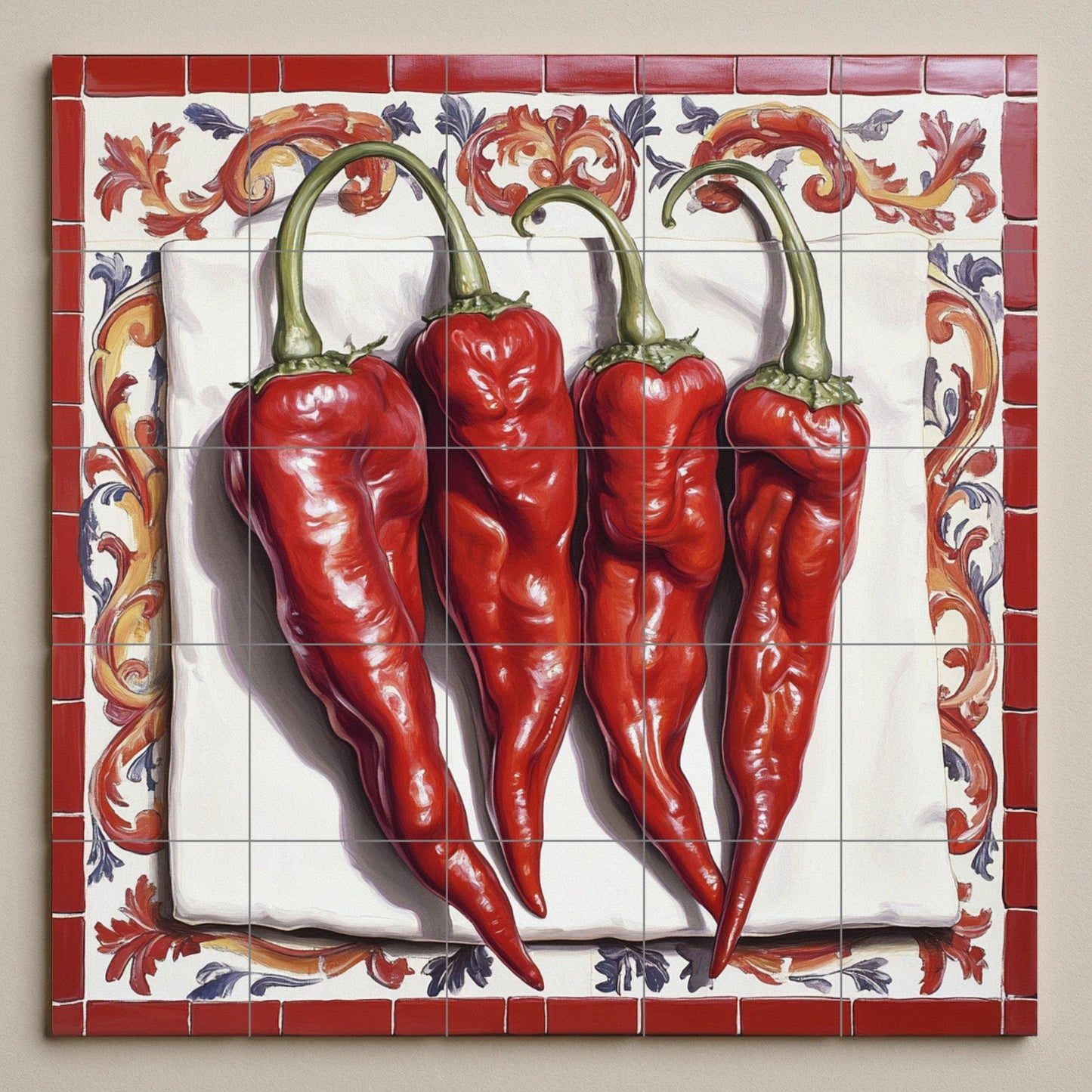 Rústica con chiles rojos, arte mural de peperon — Kitchen & Country Scene · Tile Wall Art