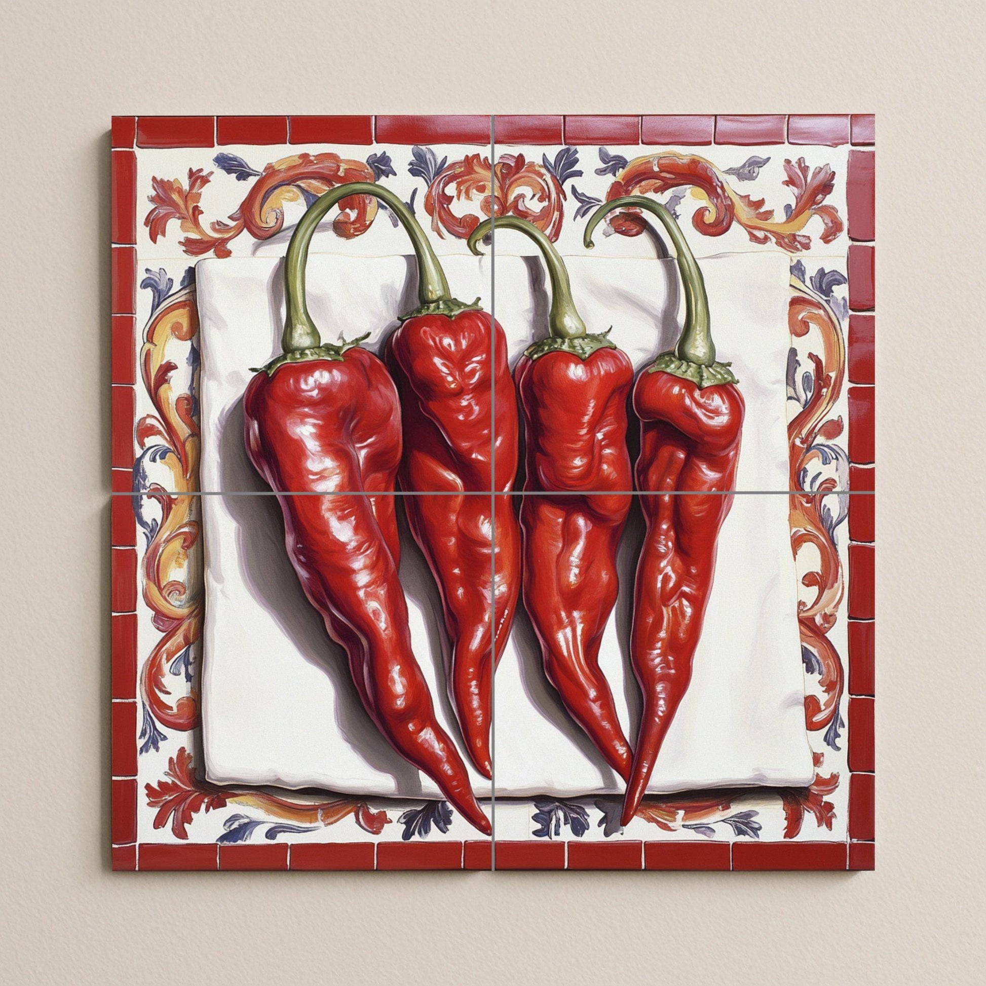 Rústica con chiles rojos, arte mural de peperon — Kitchen & Country Scene · Tile Wall Art