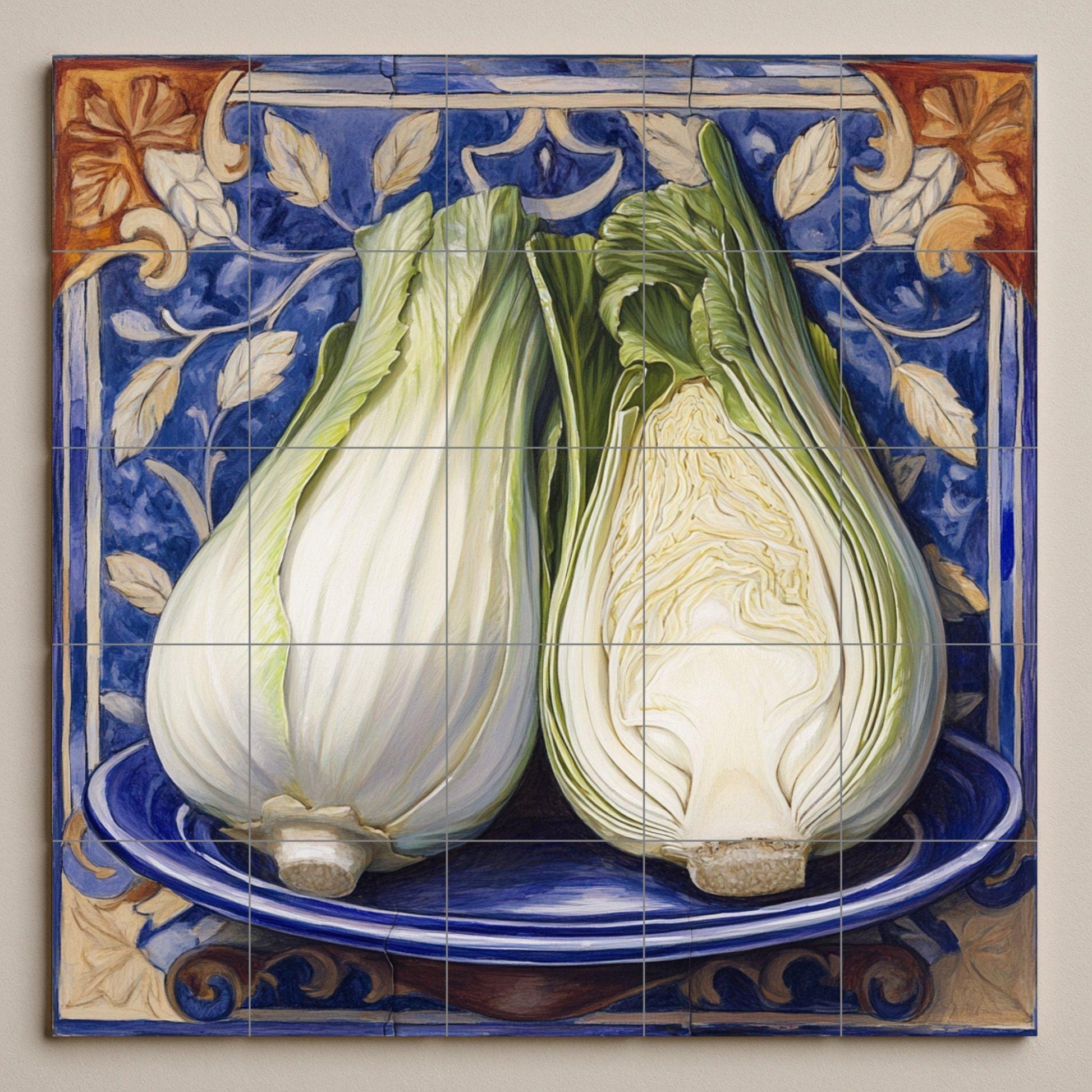 Hinojo Italienisch mit Bordüre Blau von Majolika r — Fliesen-Wandbild aus Keramik · Rustikale Bauernhaus-Kunst