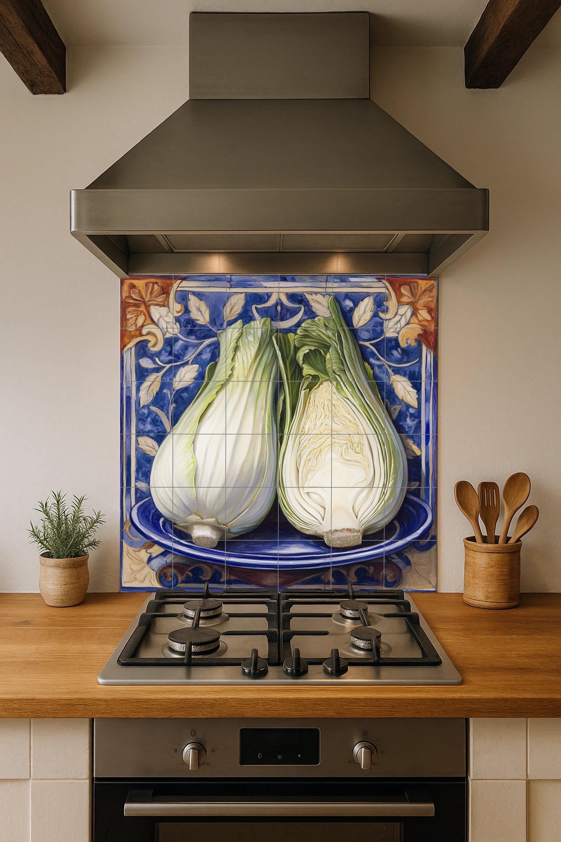 Hinojo Italienisch mit Bordüre Blau von Majolika r — Fliesen-Wandbild aus Keramik · Rustikale Bauernhaus-Kunst