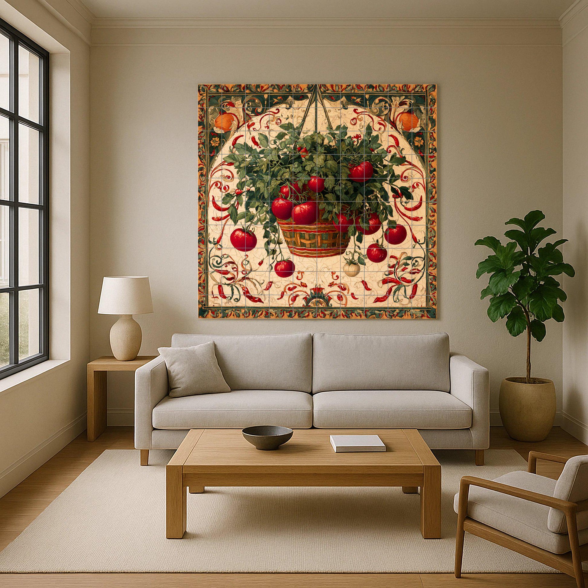 Italiana rústica con cesta de tomates colgante — Rustikale Bauernhaus-Kunst, Wandkunst aus Keramikfliesen