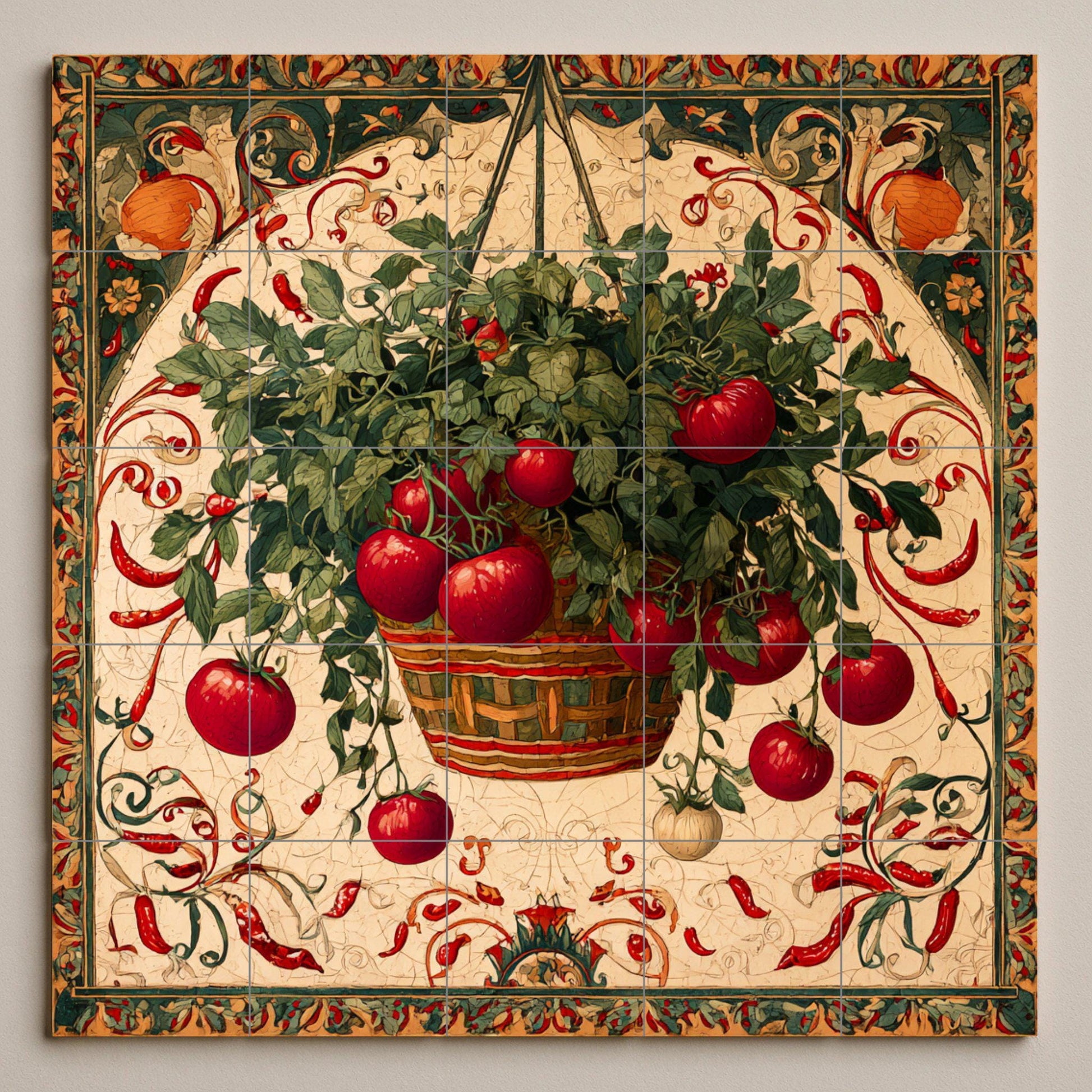 Italiana rústica con cesta de tomates colgante — Rustikale Bauernhaus-Kunst, Wandkunst aus Keramikfliesen