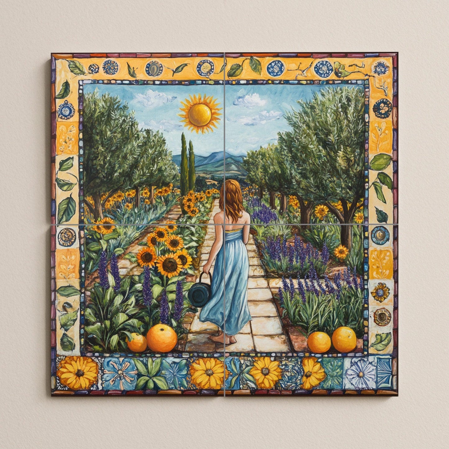 Mural de azulejos cerámicos toscanos de Val d'Orcia con terrazas de…