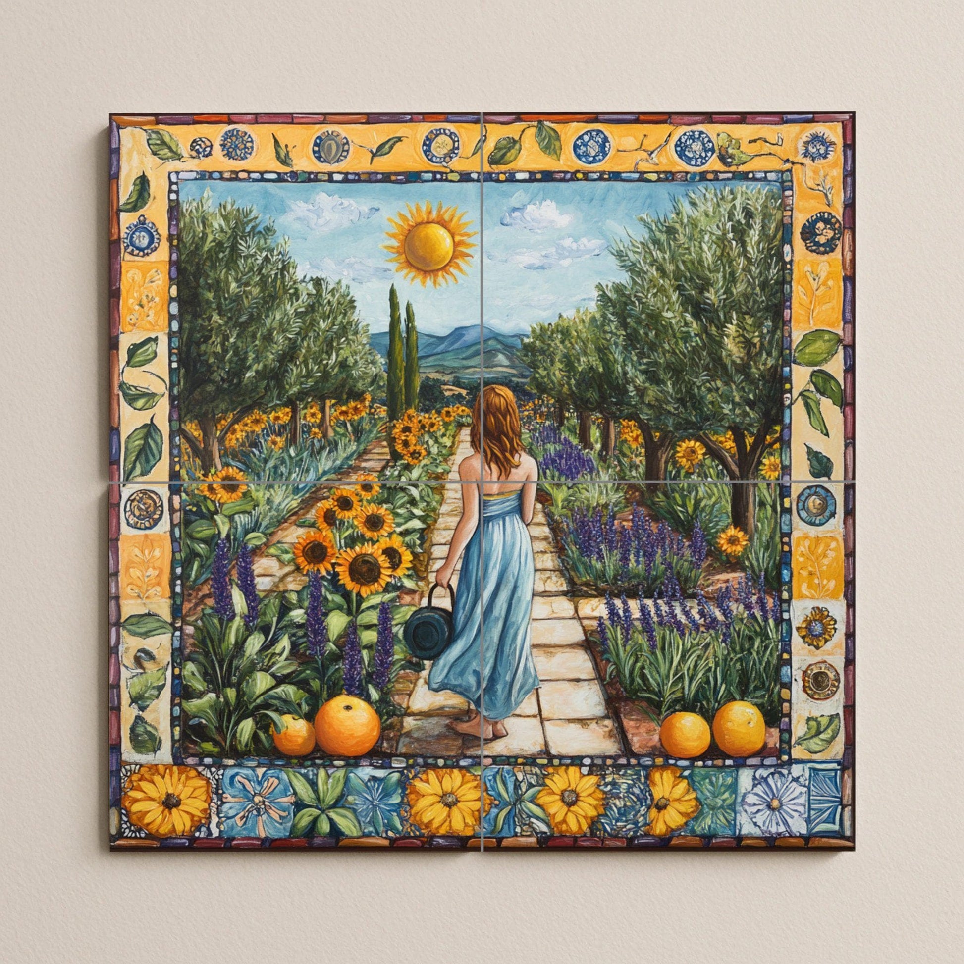 Mural de azulejos cerámicos toscanos de Val d'Orcia con terrazas de…