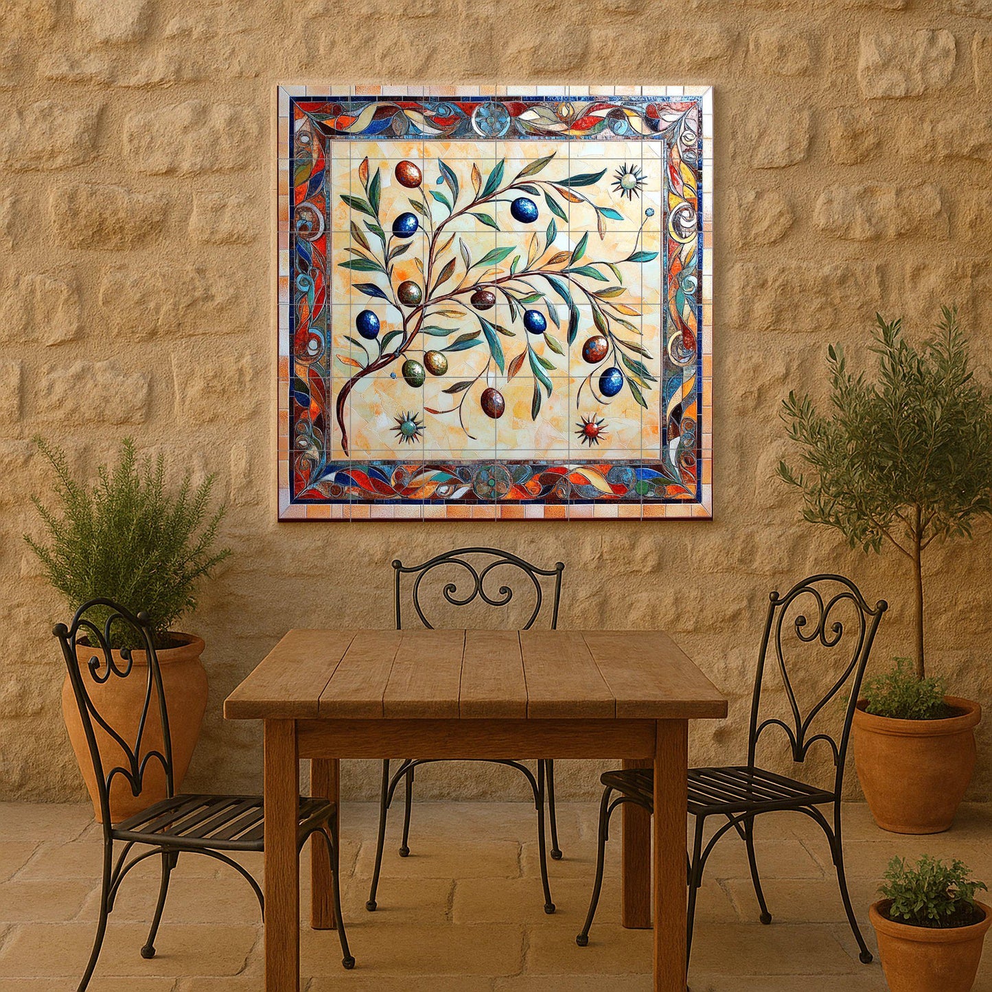 Pared de olivo de cerámica mediterránea con ramas coloridas dibujada · Fresque Céramique — Art Rustique de Ferme