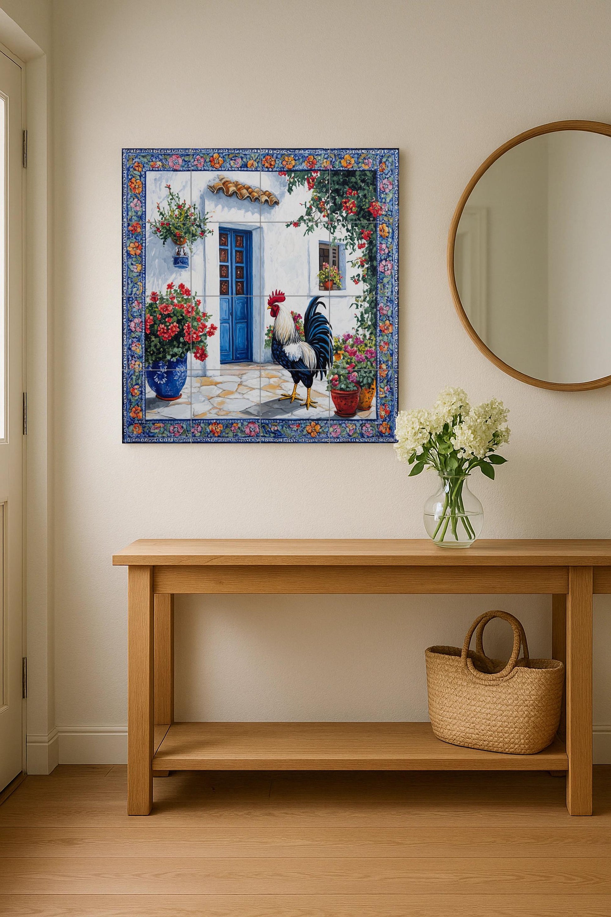 Mural de azulejos de cerámica con diseño de gallo mediterráneo, patio…