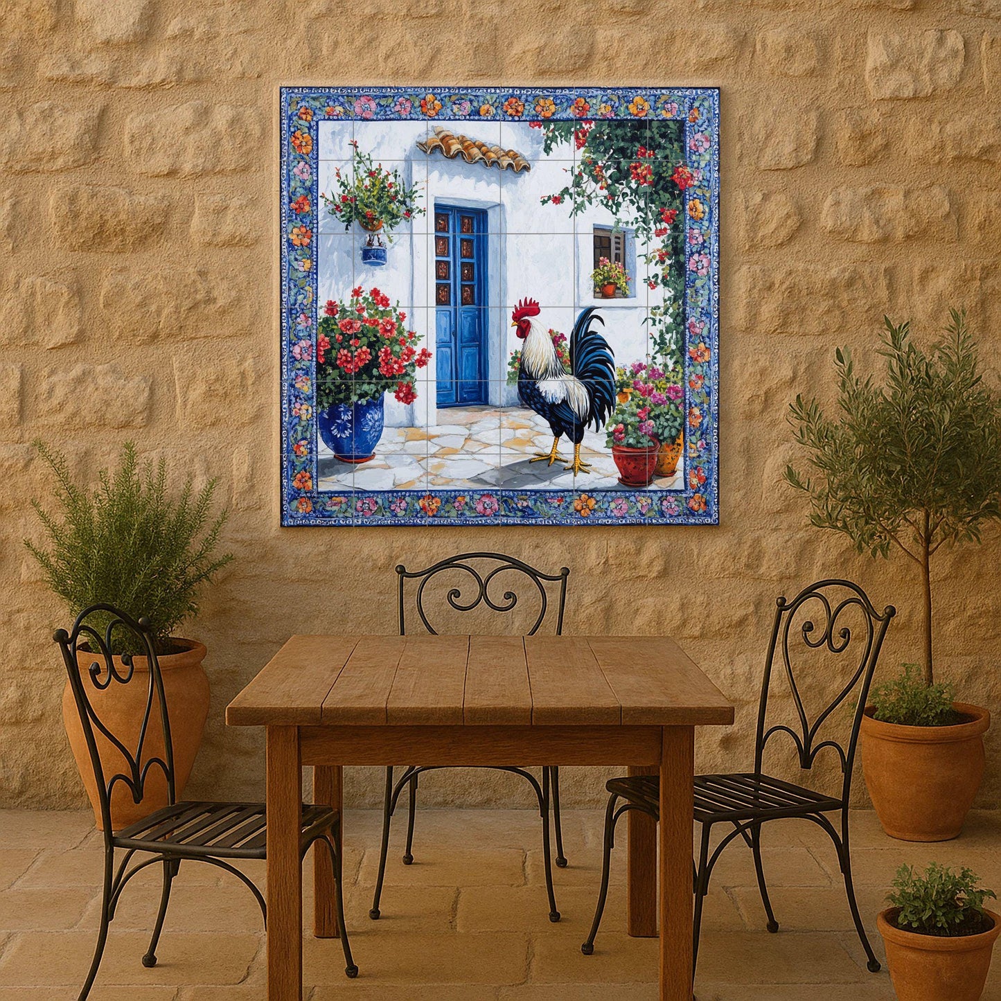 Mural de azulejos de cerámica con diseño de gallo mediterráneo, patio…