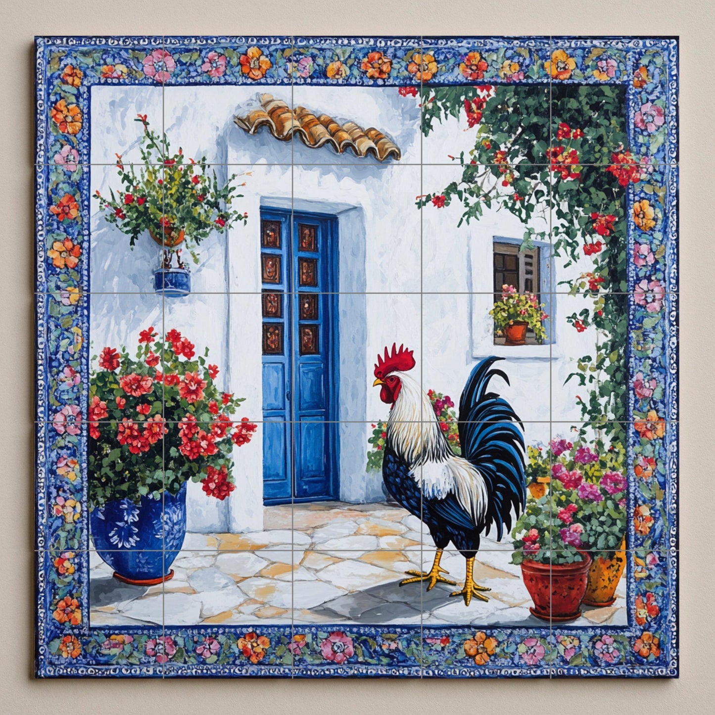 Mural de azulejos de cerámica con diseño de gallo mediterráneo, patio…