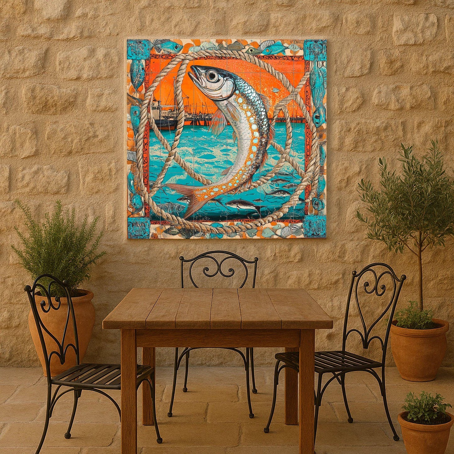 Diseño de peces náuticos, escena portuaria — Countryside Kitchen Art · Tile Wall Art