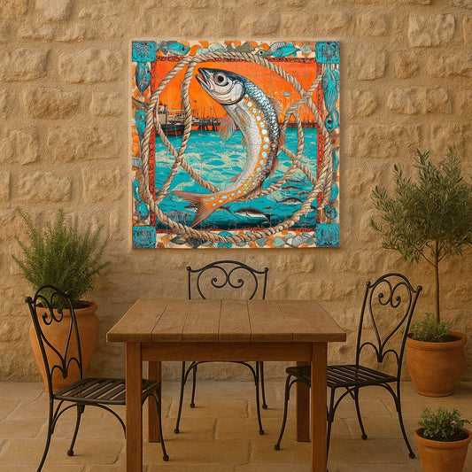 Mural de azulejos de cerámica con diseño de peces náuticos, escena…
