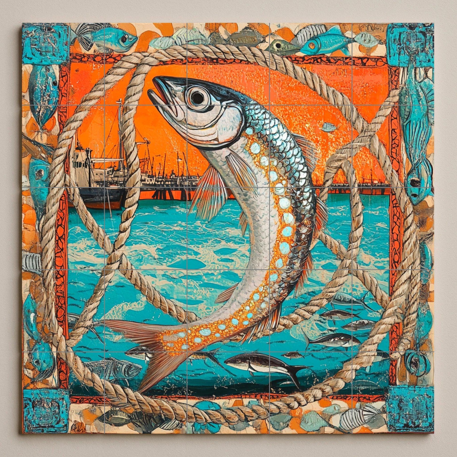 Diseño de peces náuticos, escena portuaria — Countryside Kitchen Art · Tile Wall Art