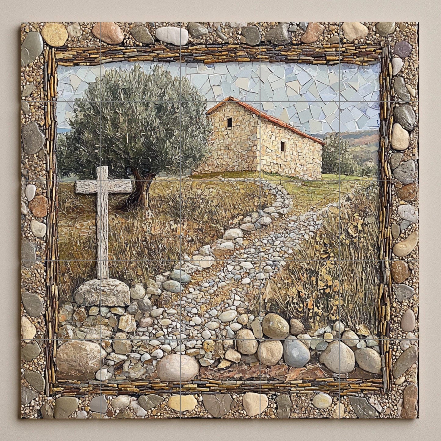 Capilla Rustique, camino de Pierre avec Croix · Fresque Céramique — Scène Biblique