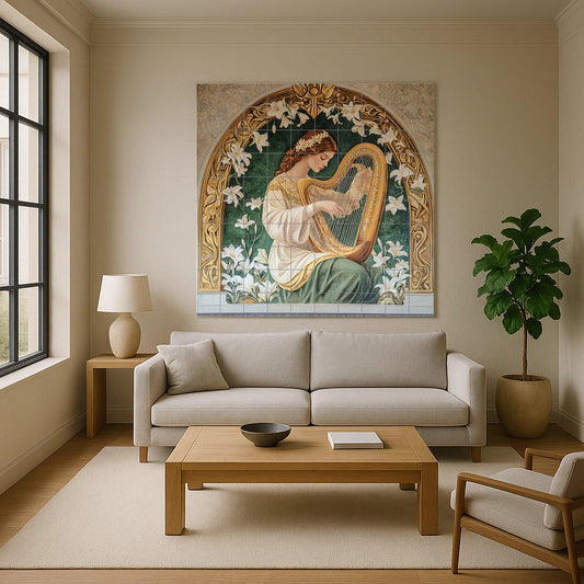 Mural de azulejos de cerámica con arpa Art Nouveau