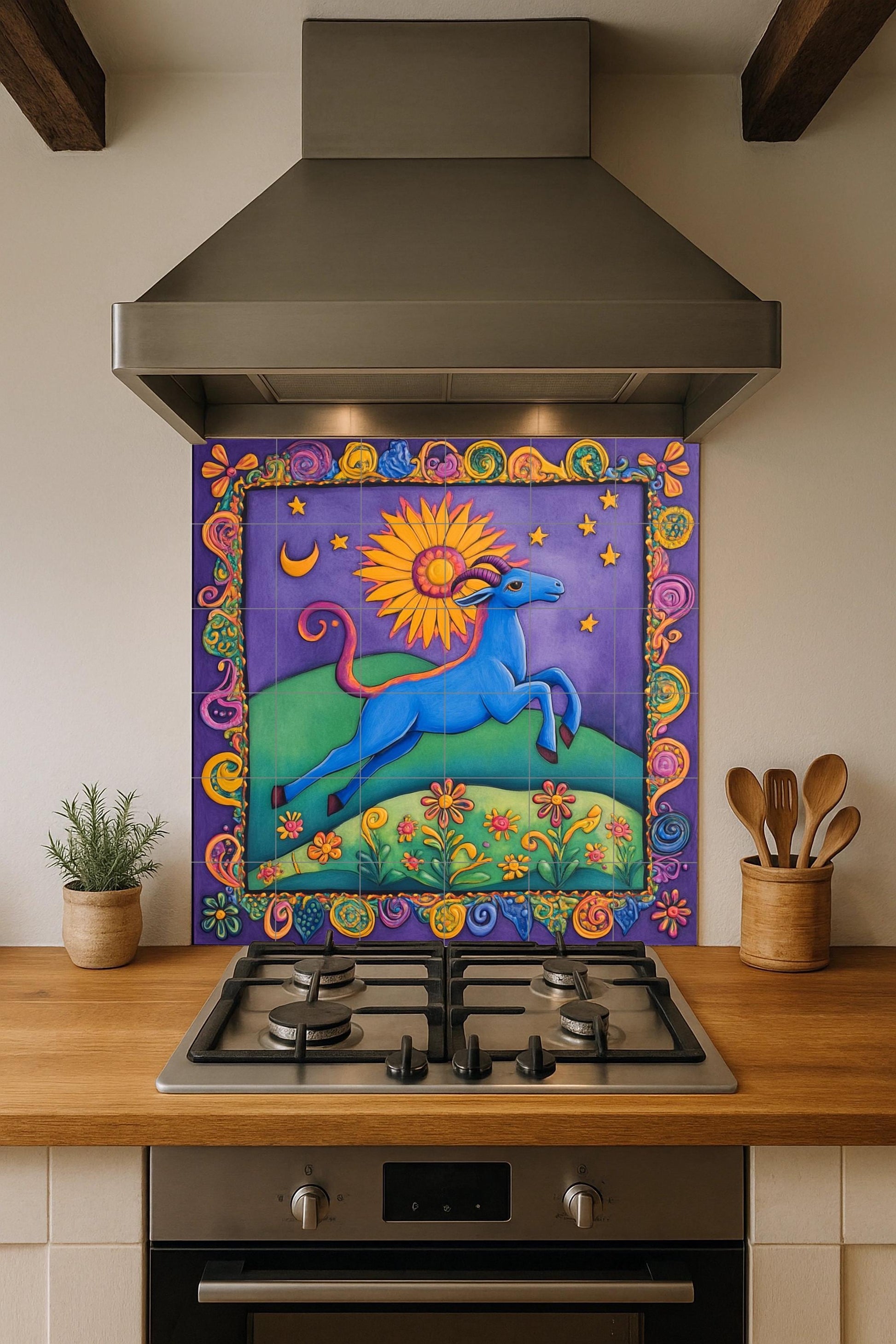 Art Populaire Coloré · Fresque Céramique — Fleurs et Paysages