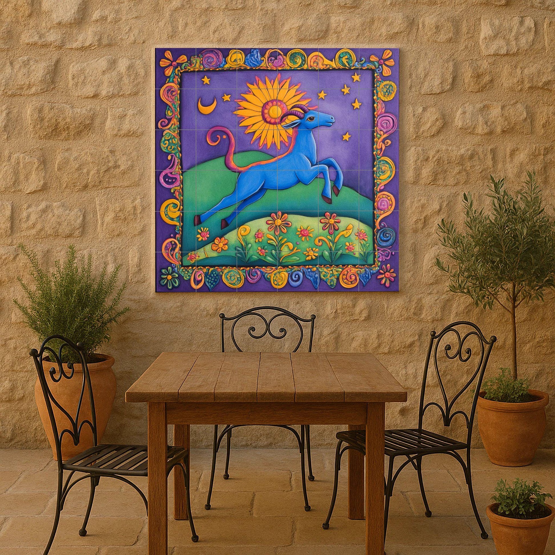 Art Populaire Coloré · Fresque Céramique — Fleurs et Paysages