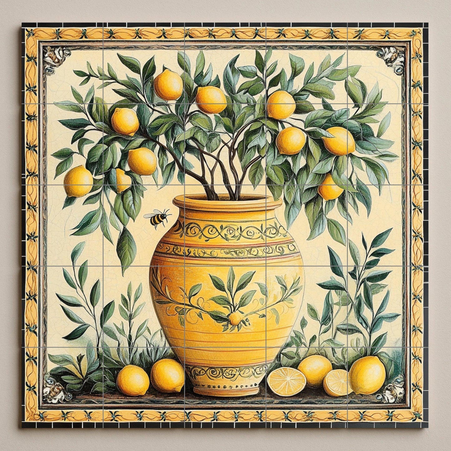 Mural de azulejos de cerámica con jarrón de limones mediterráneos