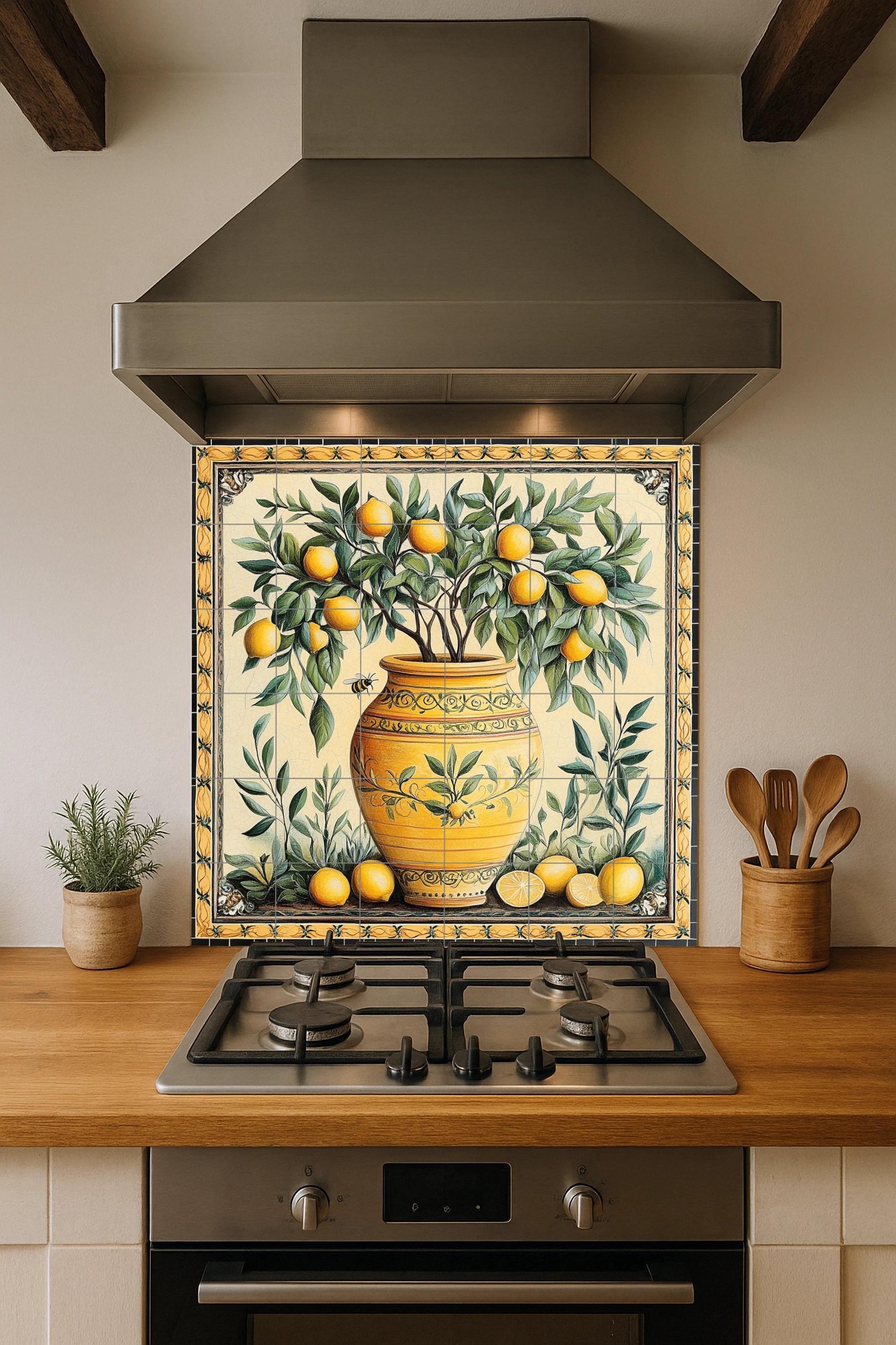 Mural de azulejos de cerámica con jarrón de limones mediterráneos