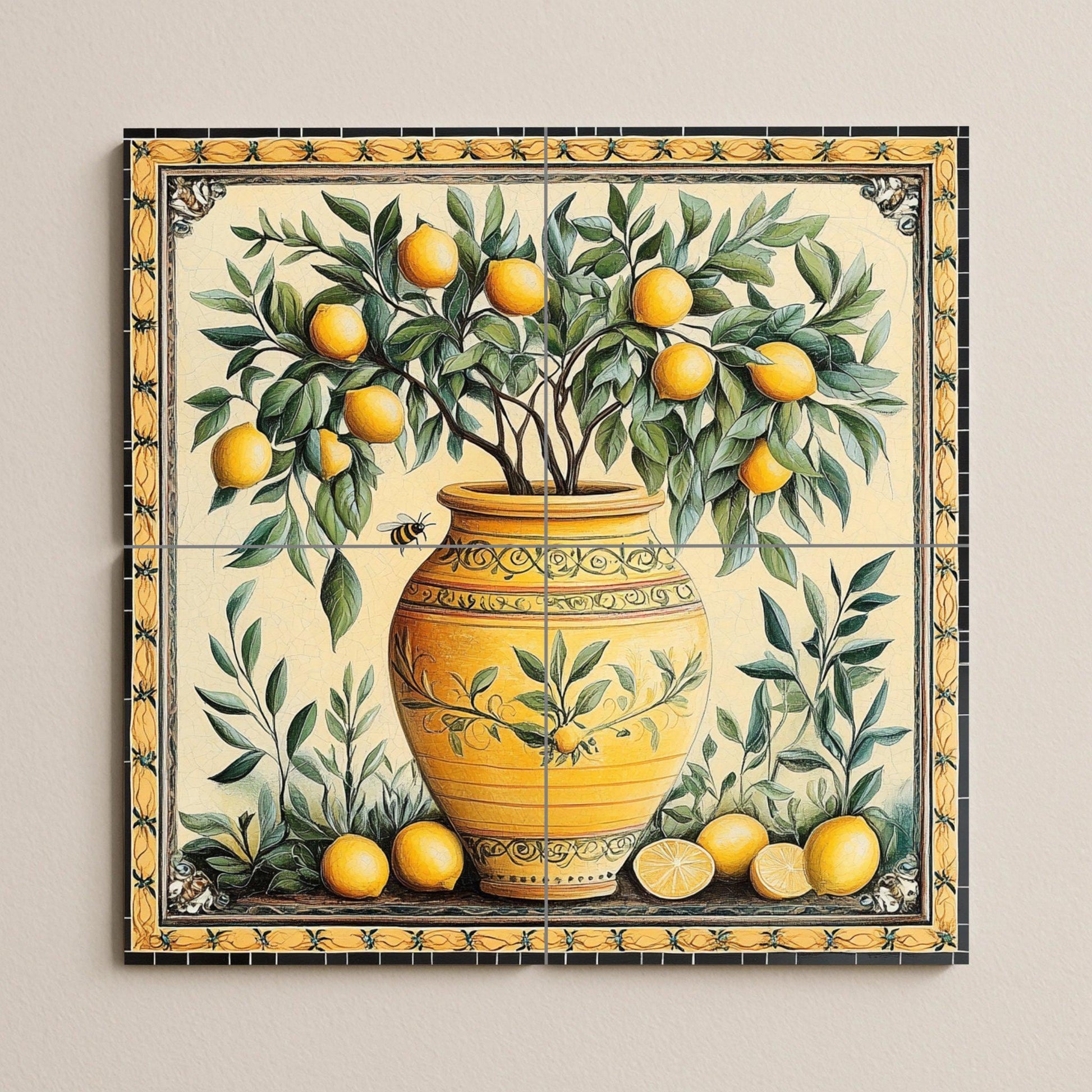Mural de azulejos de cerámica con jarrón de limones mediterráneos