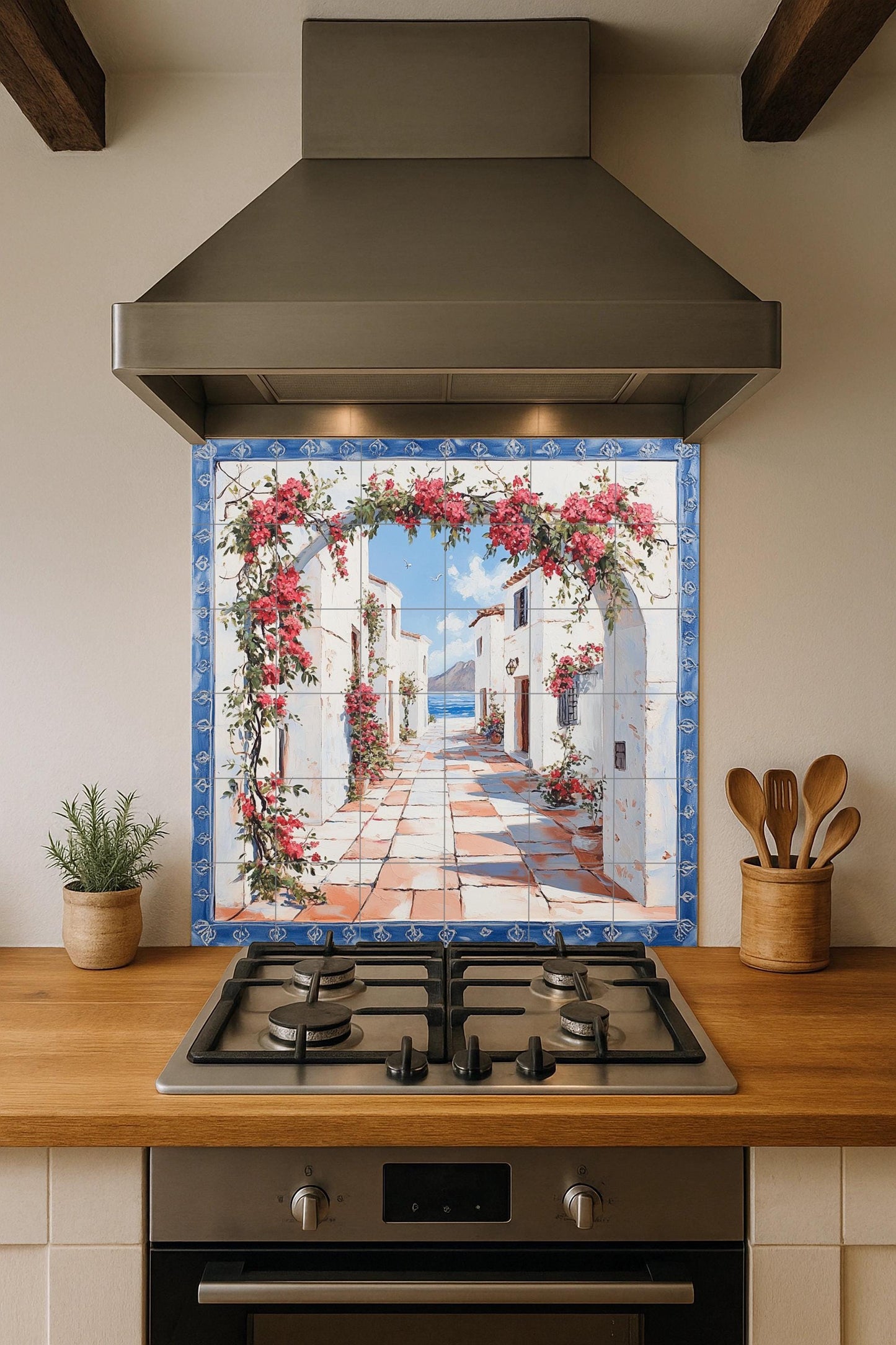 Un Paese Costiero Mediterraneo — Murale in Piastrelle di Ceramica · Decoro Culinario