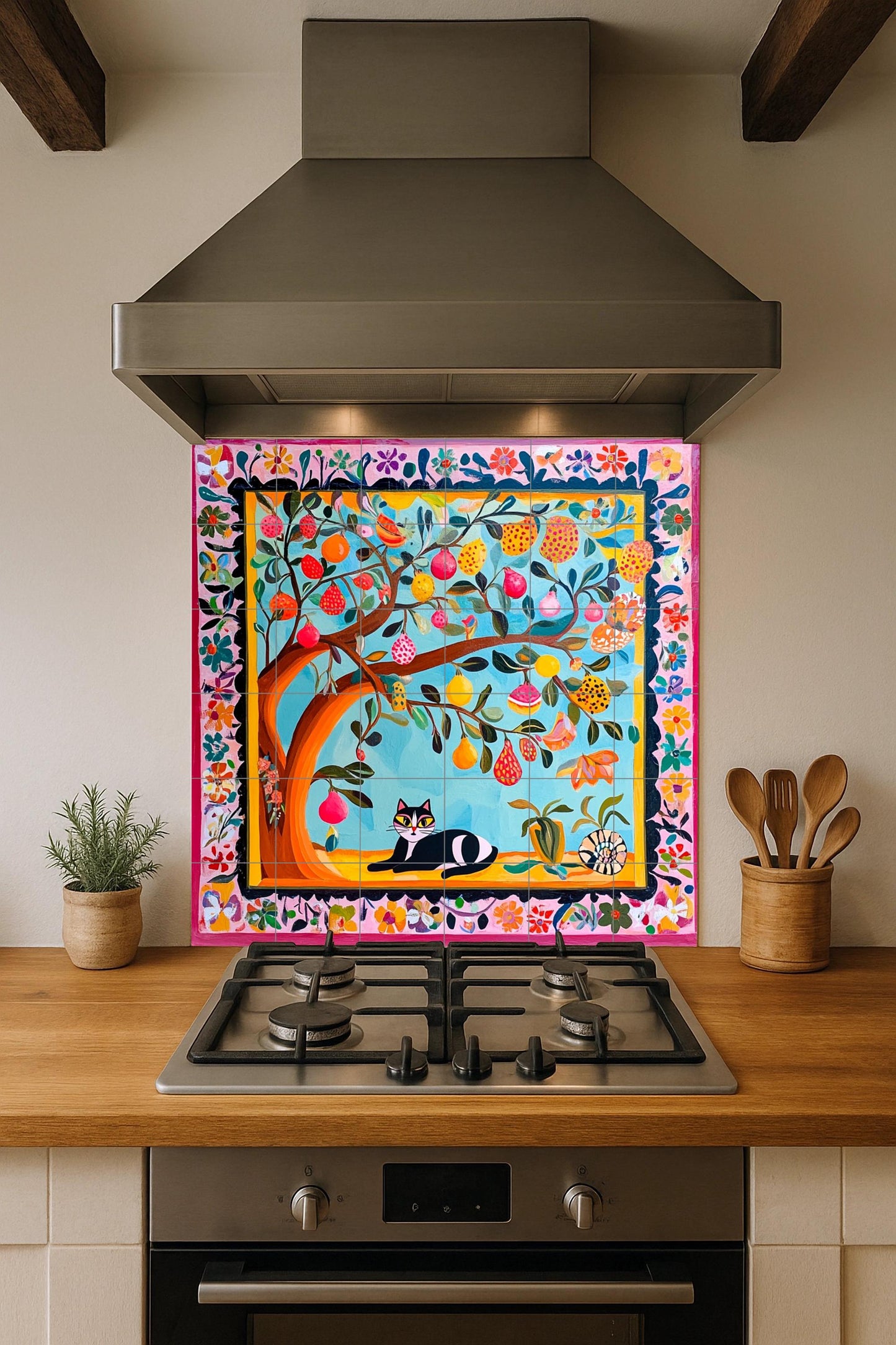 Art Populaire Coloré · Fresque Céramique — Fleurs et Paysages