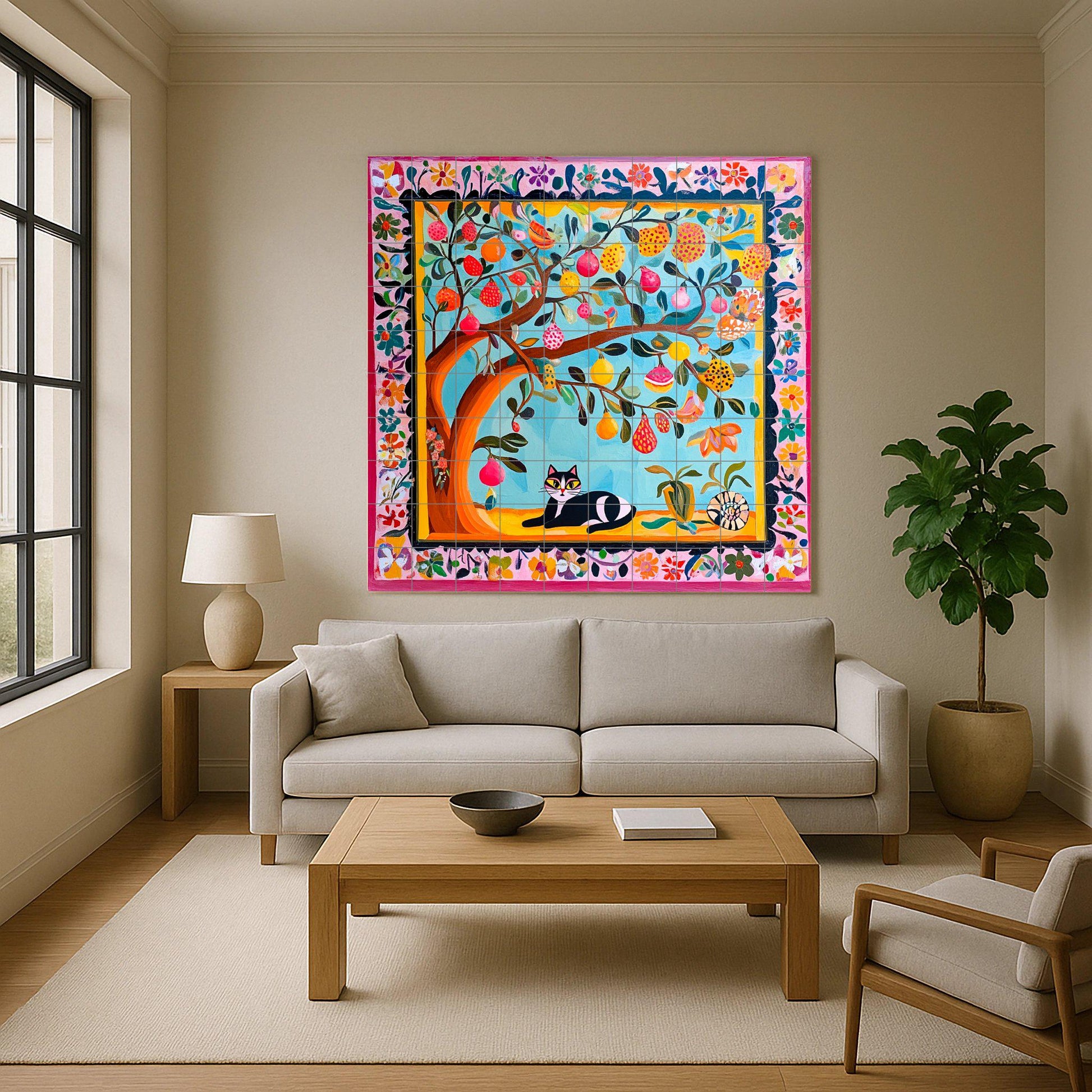 Art Populaire Coloré · Fresque Céramique — Fleurs et Paysages