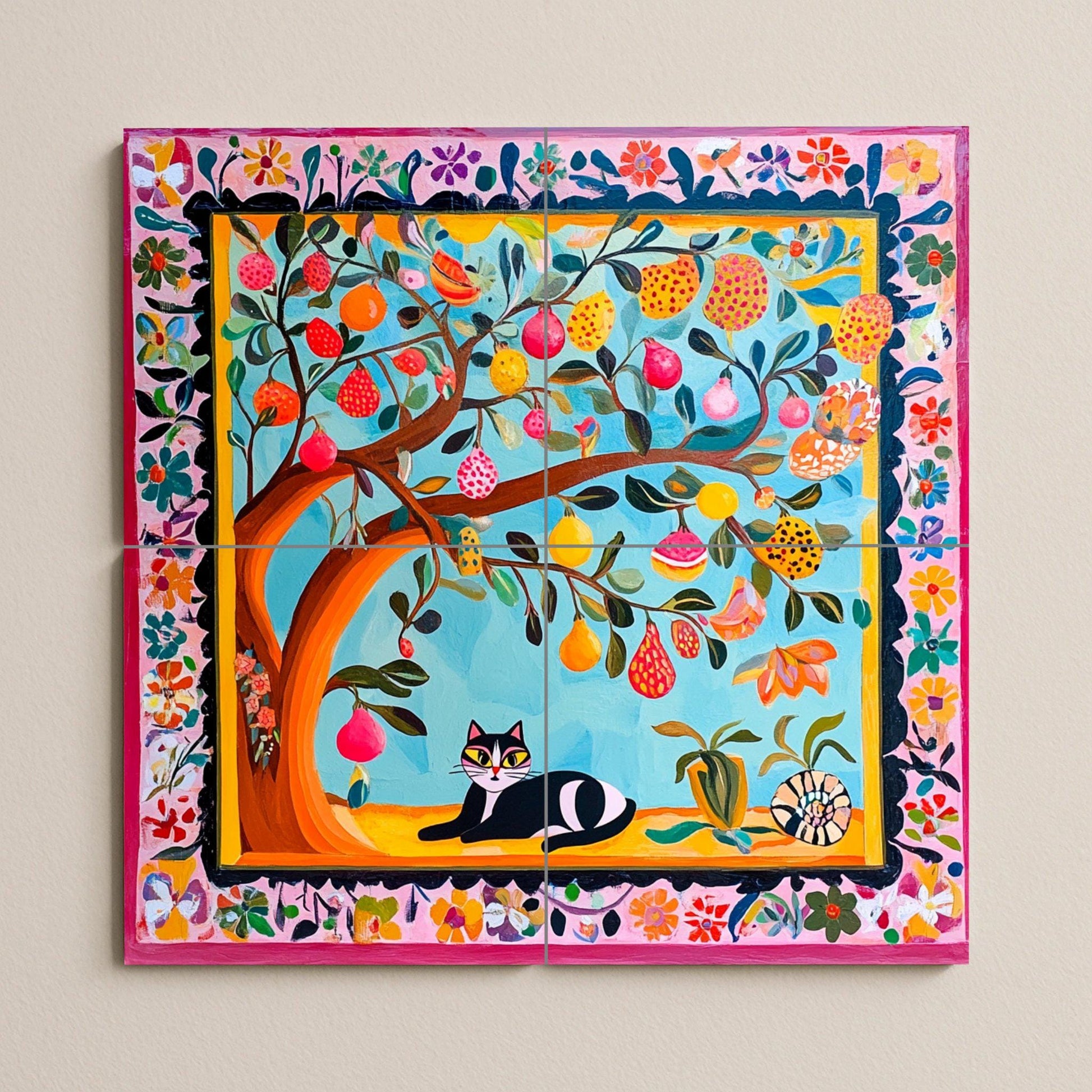 Art Populaire Coloré · Fresque Céramique — Fleurs et Paysages