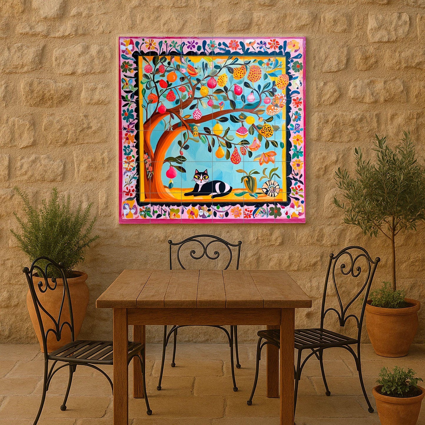 Art Populaire Coloré · Fresque Céramique — Fleurs et Paysages