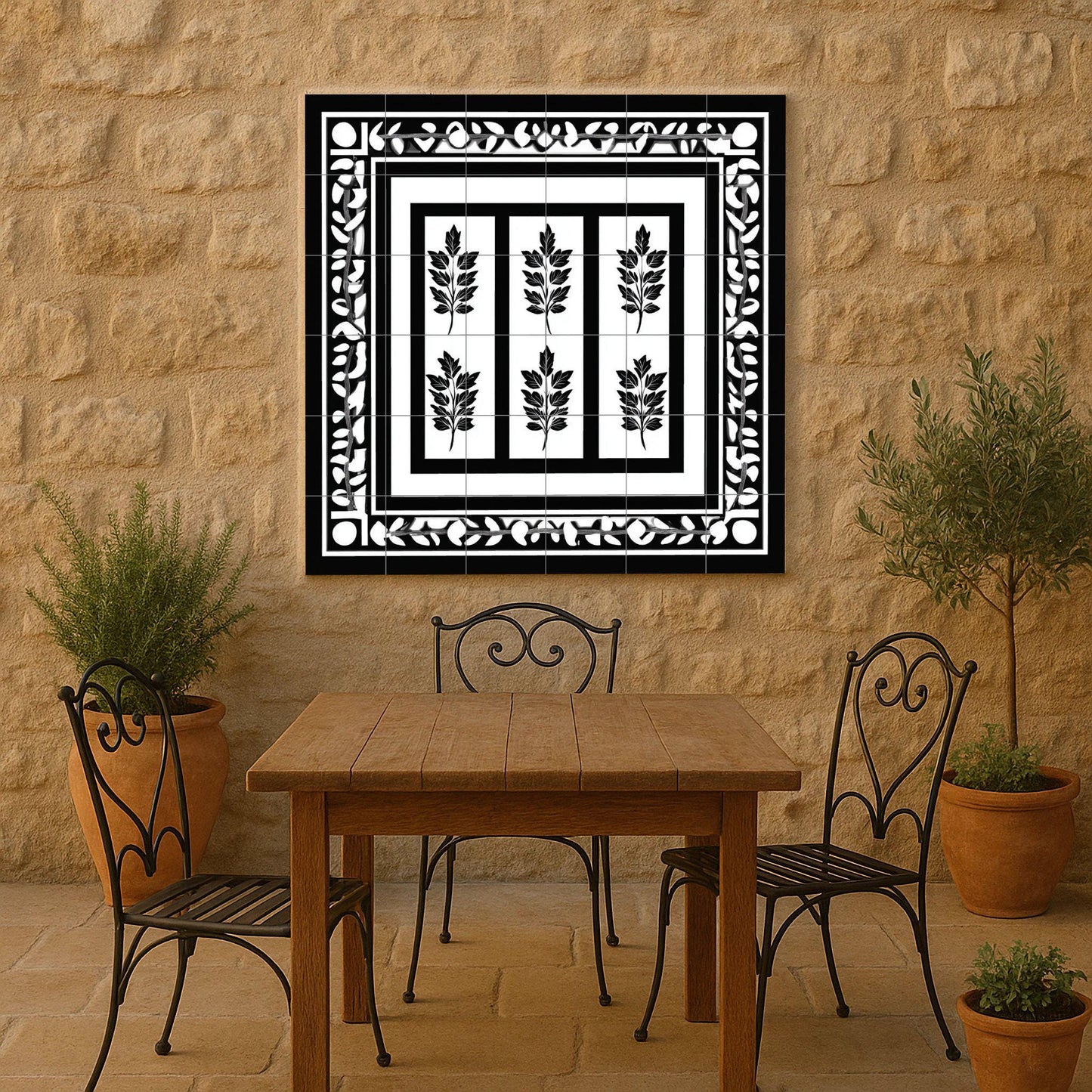 Murale in Piastrelle Greca in Bianco e Nero — Decoro Culinario