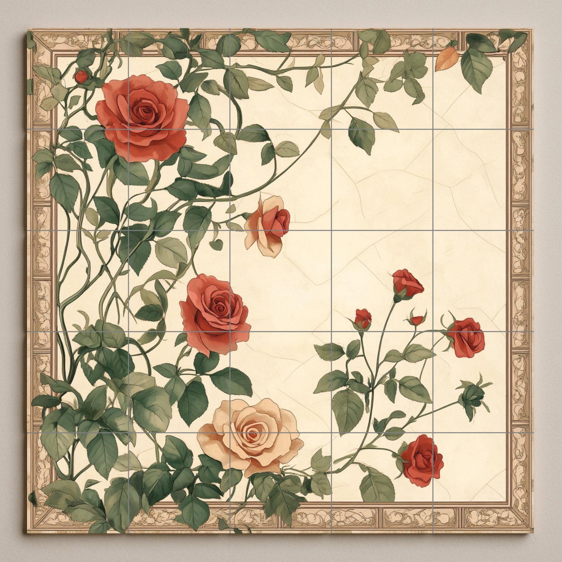 Ceramic Tile Mural: Rosas románticas, diseño botánico floral vi — Botanical Landscape