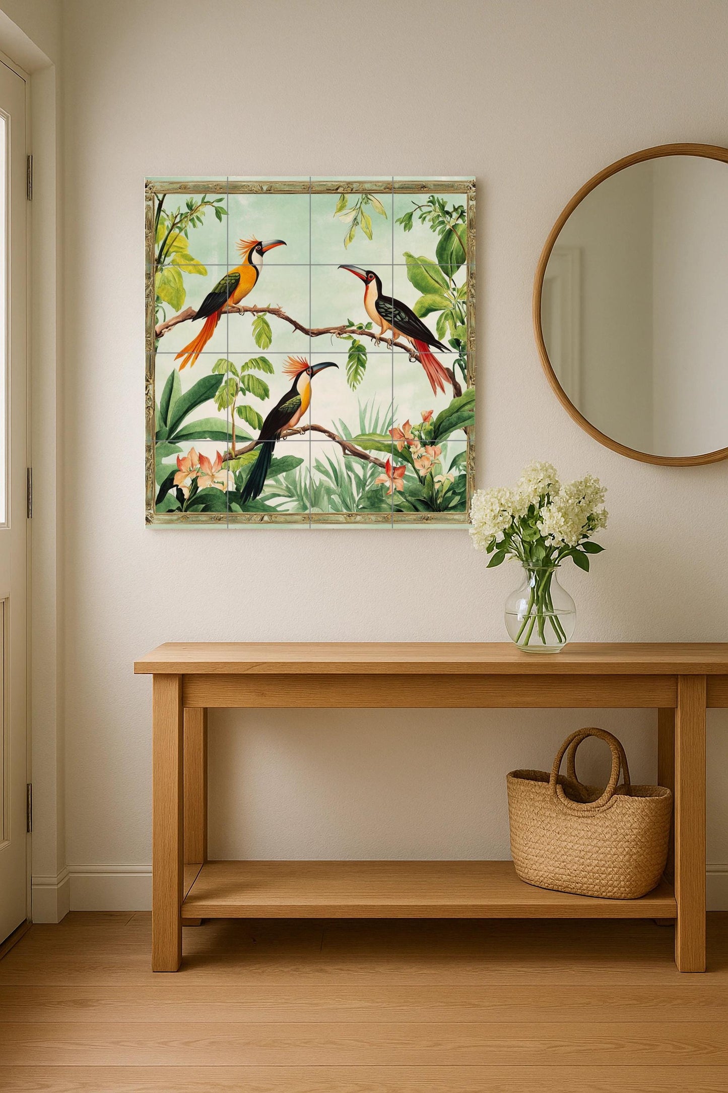 Diseño de aves tropicales exóticas, diseño · Keramik-Wandbild — Rustikale Bauernhaus-Kunst