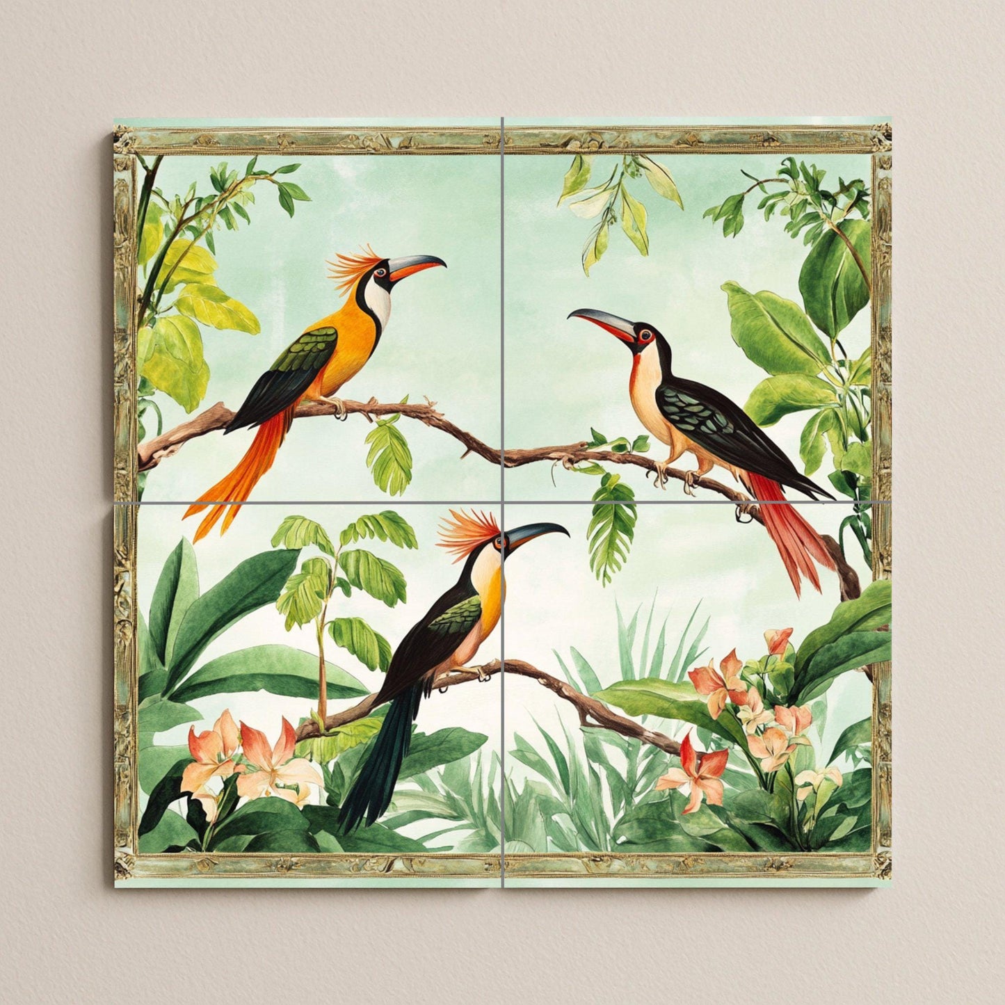 Diseño de aves tropicales exóticas, diseño · Keramik-Wandbild — Rustikale Bauernhaus-Kunst