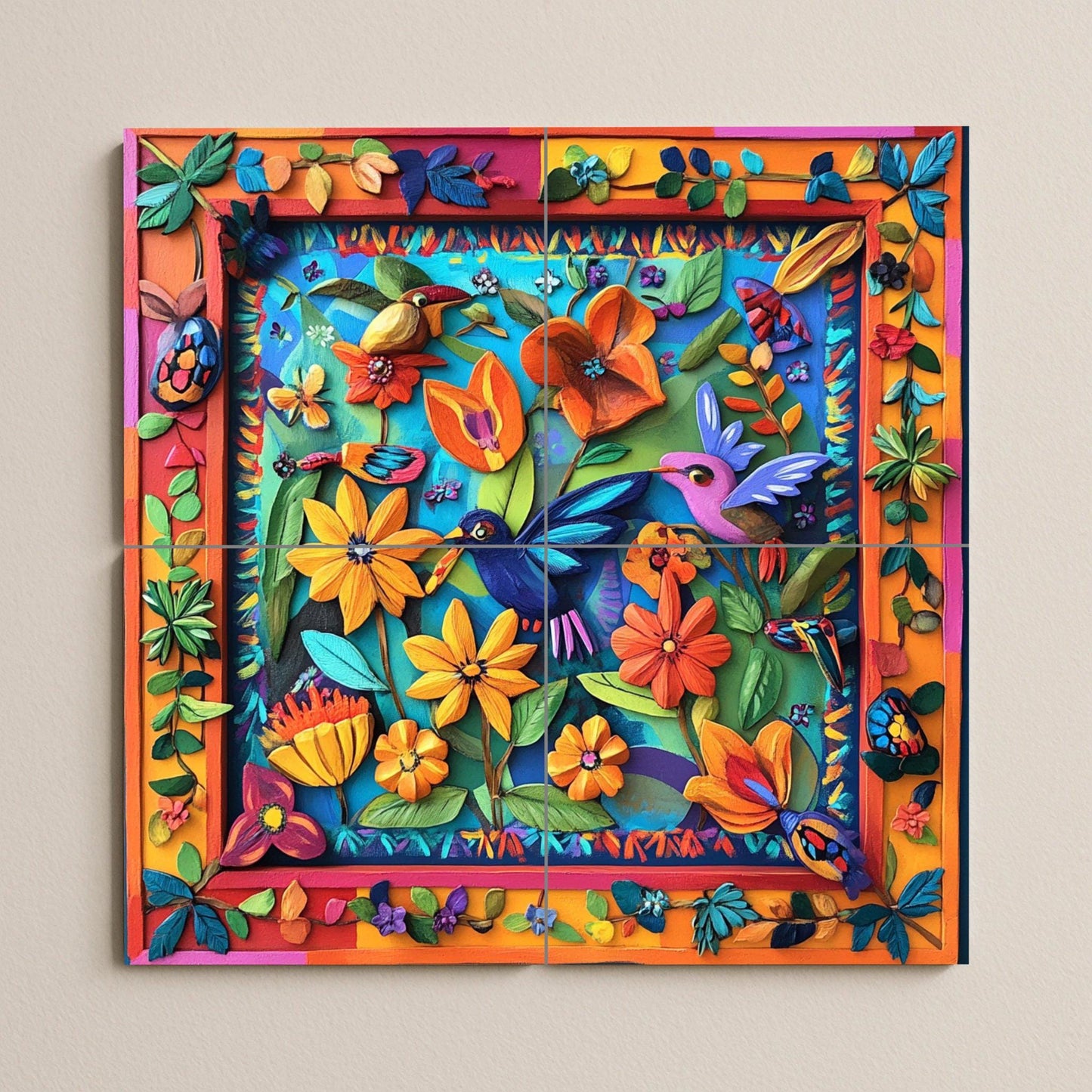 Ceramic Tile Mural: Cerámica of Art Folk Mexican with Birds and Flowers tropicales — Garden & Scenery Décor