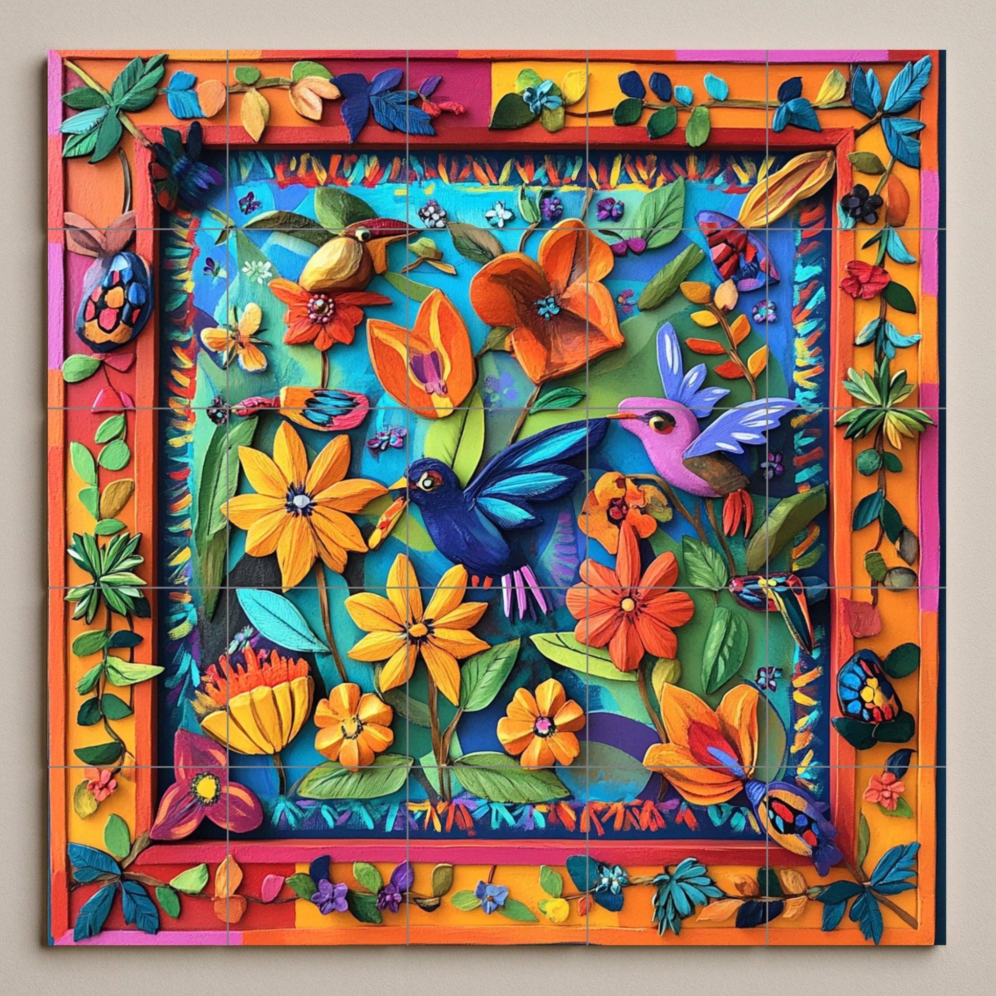 Ceramic Tile Mural: Cerámica of Art Folk Mexican with Birds and Flowers tropicales — Garden & Scenery Décor