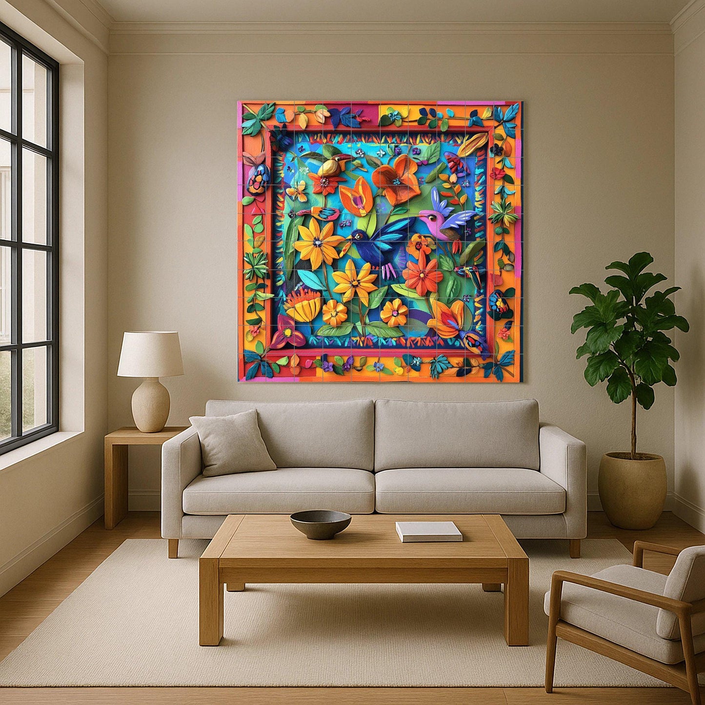 Ceramic Tile Mural: Cerámica of Art Folk Mexican with Birds and Flowers tropicales — Garden & Scenery Décor