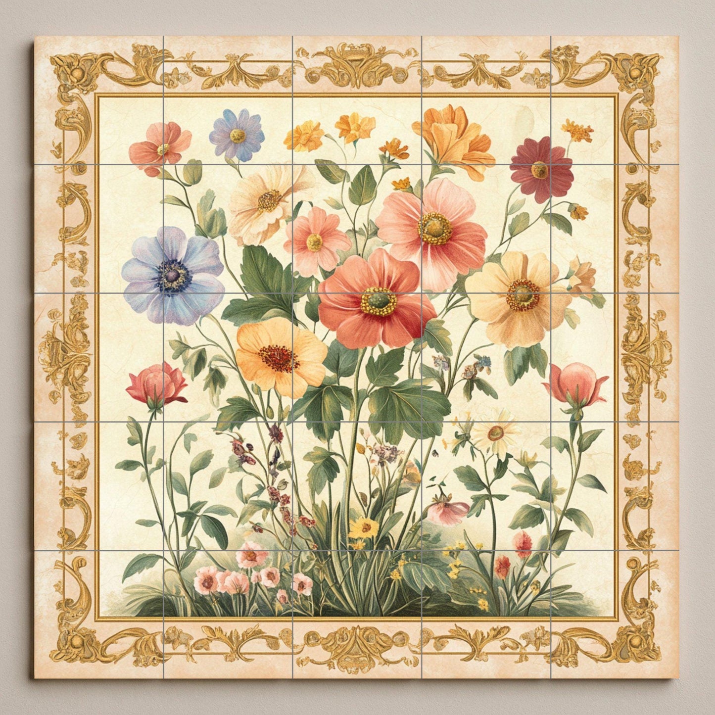 Floral con flores silvestres y borde dorado adorna · Fresque Céramique — Fleurs et Paysages