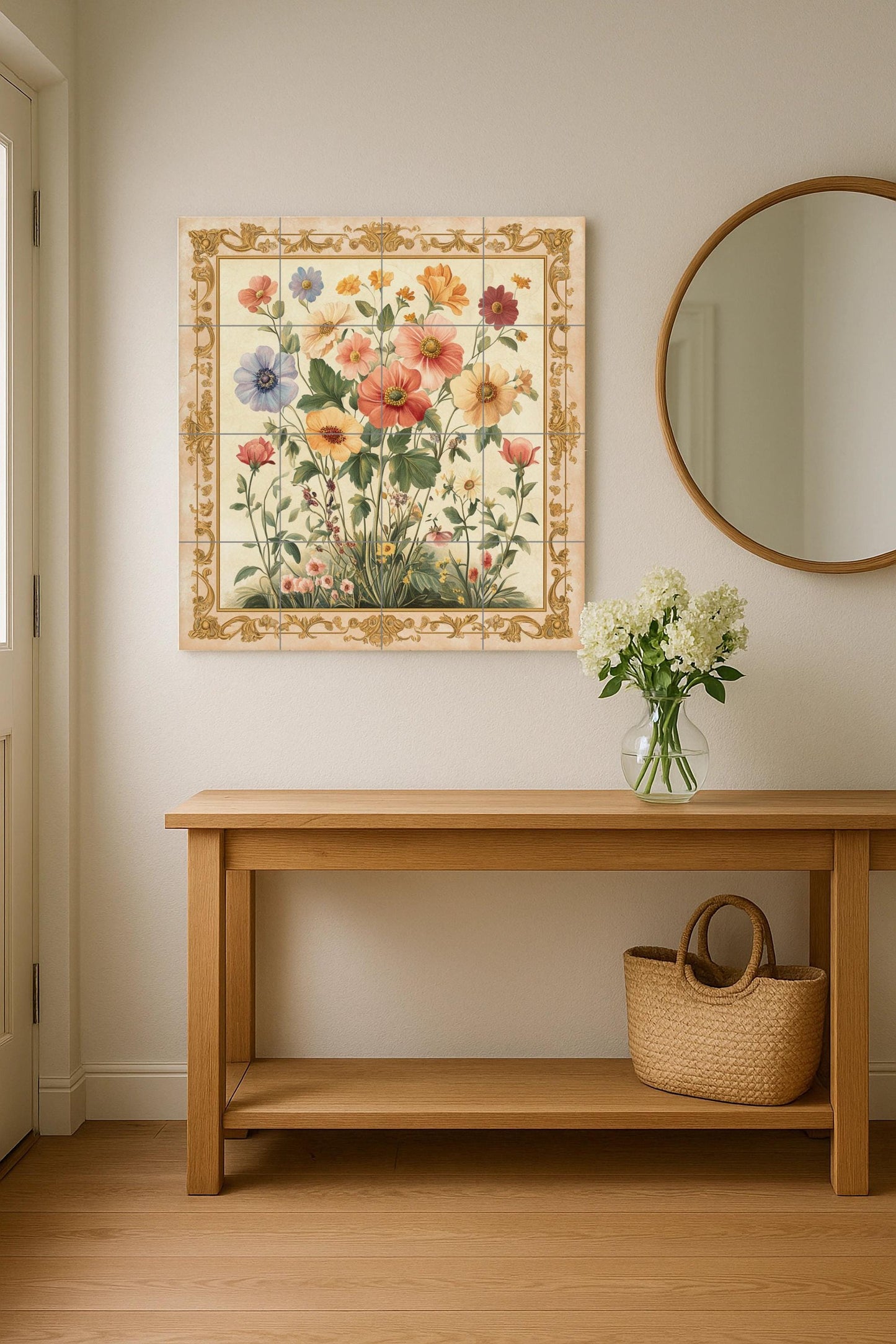 Floral con flores silvestres y borde dorado adorna · Fresque Céramique — Fleurs et Paysages