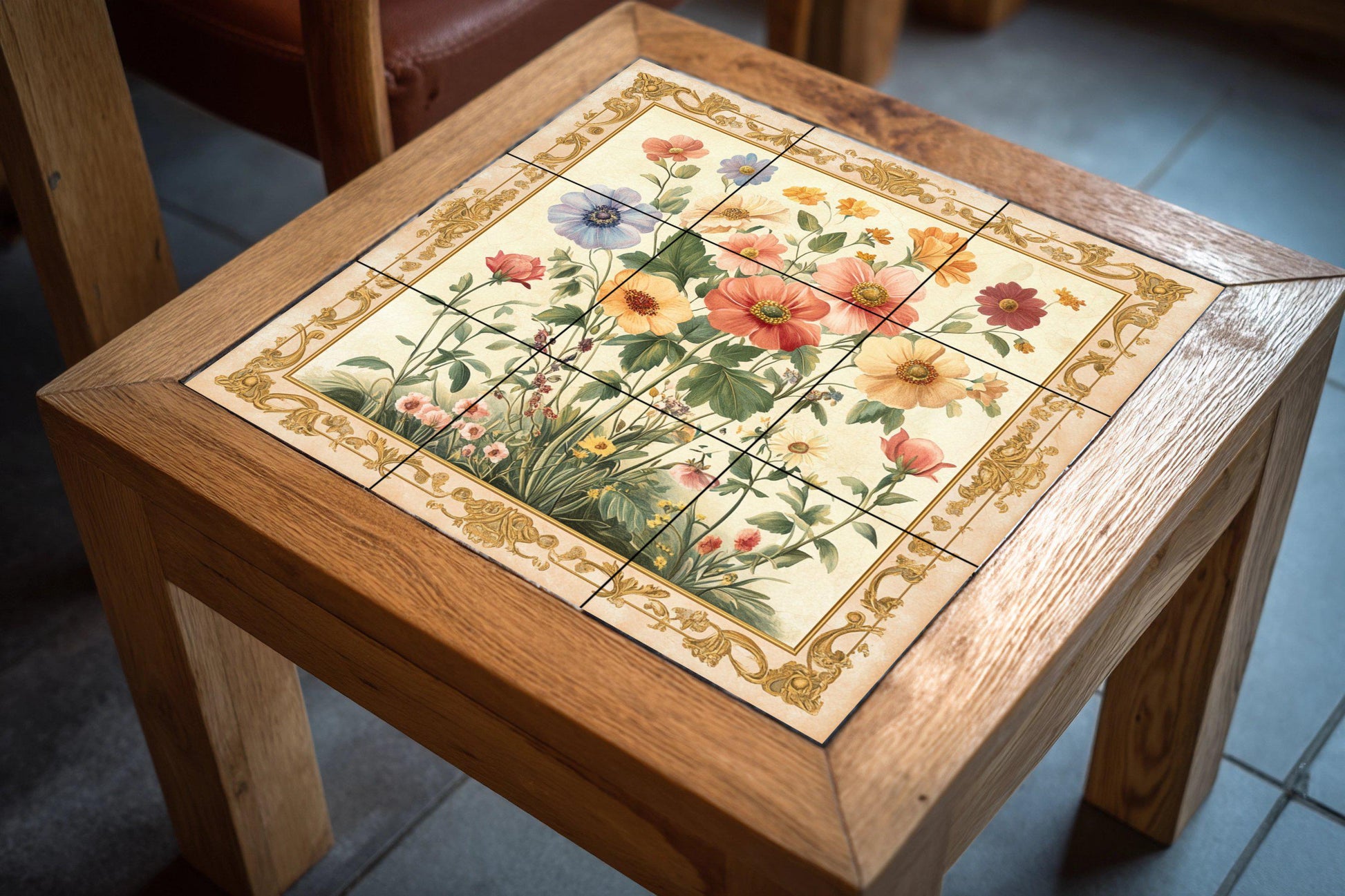 Floral con flores silvestres y borde dorado adorna · Fresque Céramique — Fleurs et Paysages