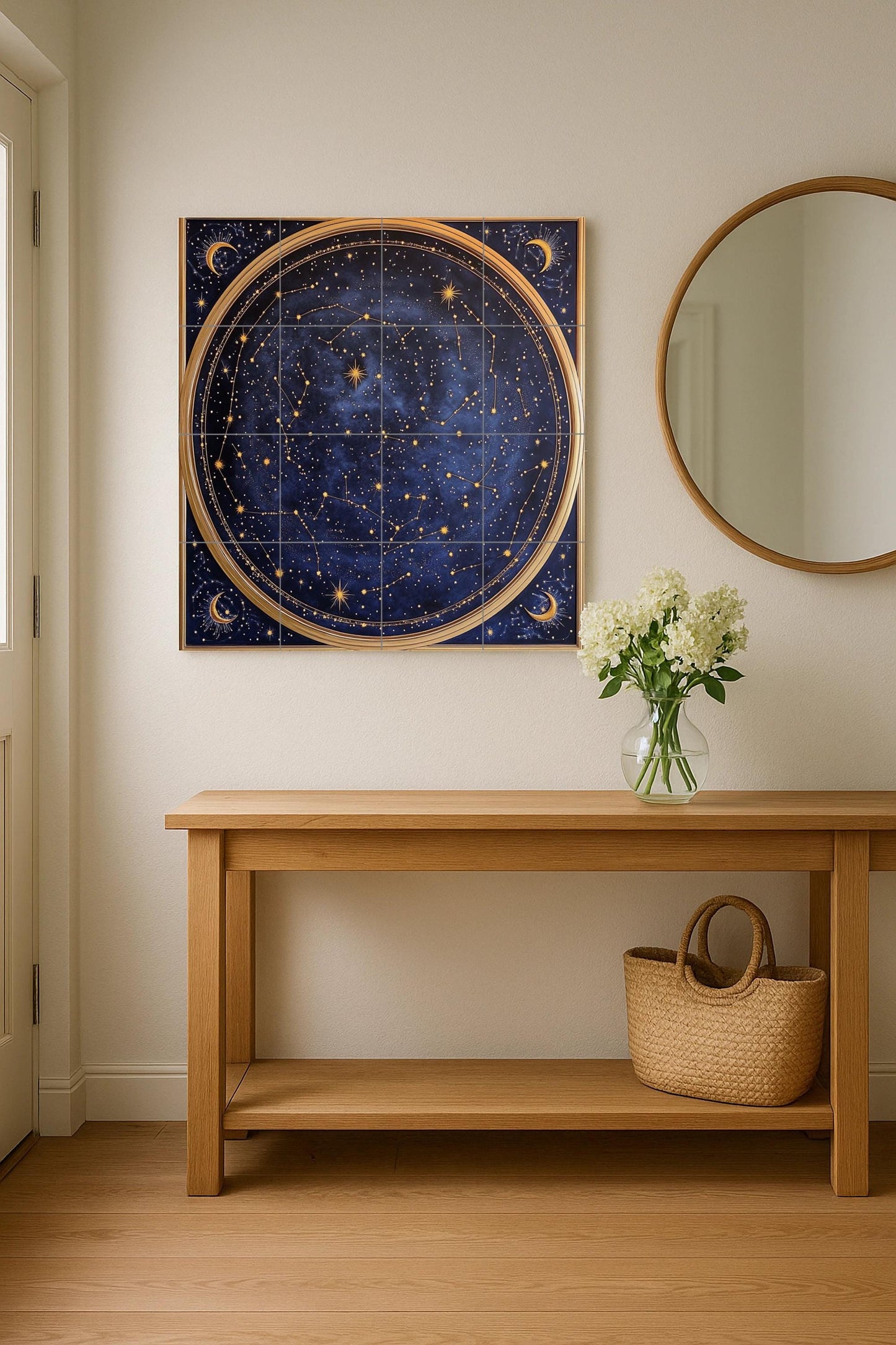 Fliesenbild Con mapa estelar celestial con constelaciones y lu — Mythologische Wandkunst