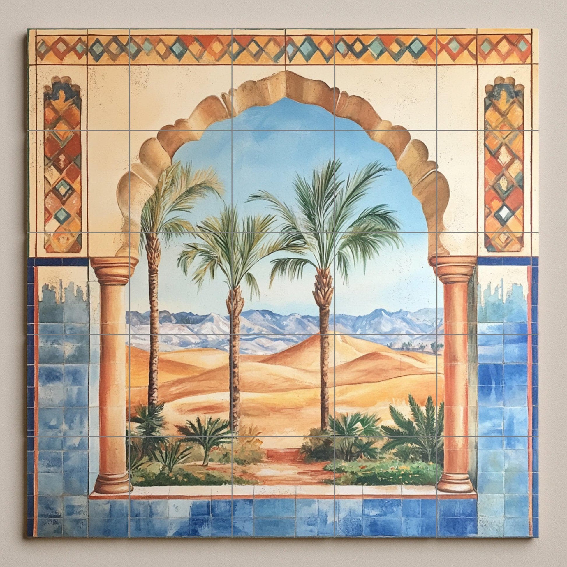 Fliesenbild Con arco morisco, oasis en el desierto y palmeras — Botanische Landschaft