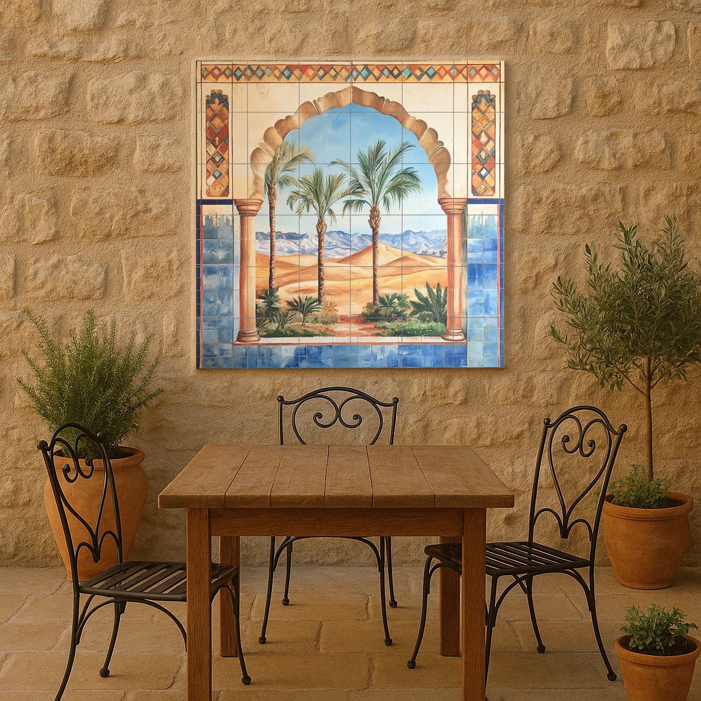 Fliesenbild Con arco morisco, oasis en el desierto y palmeras — Botanische Landschaft