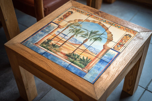 Con arco morisco, oasis en el desierto y palmeras · Ceramic Wall Mural — Botanical Landscape