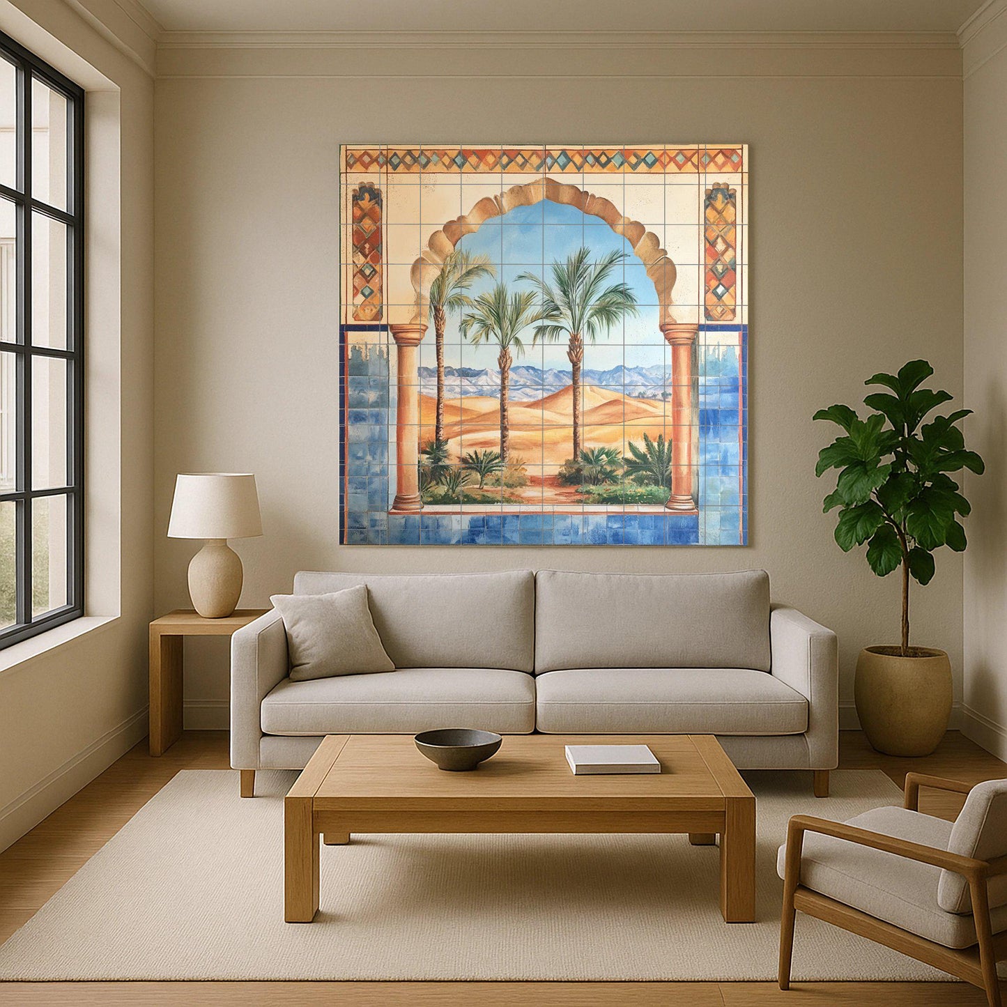 Fliesenbild Con arco morisco, oasis en el desierto y palmeras — Botanische Landschaft