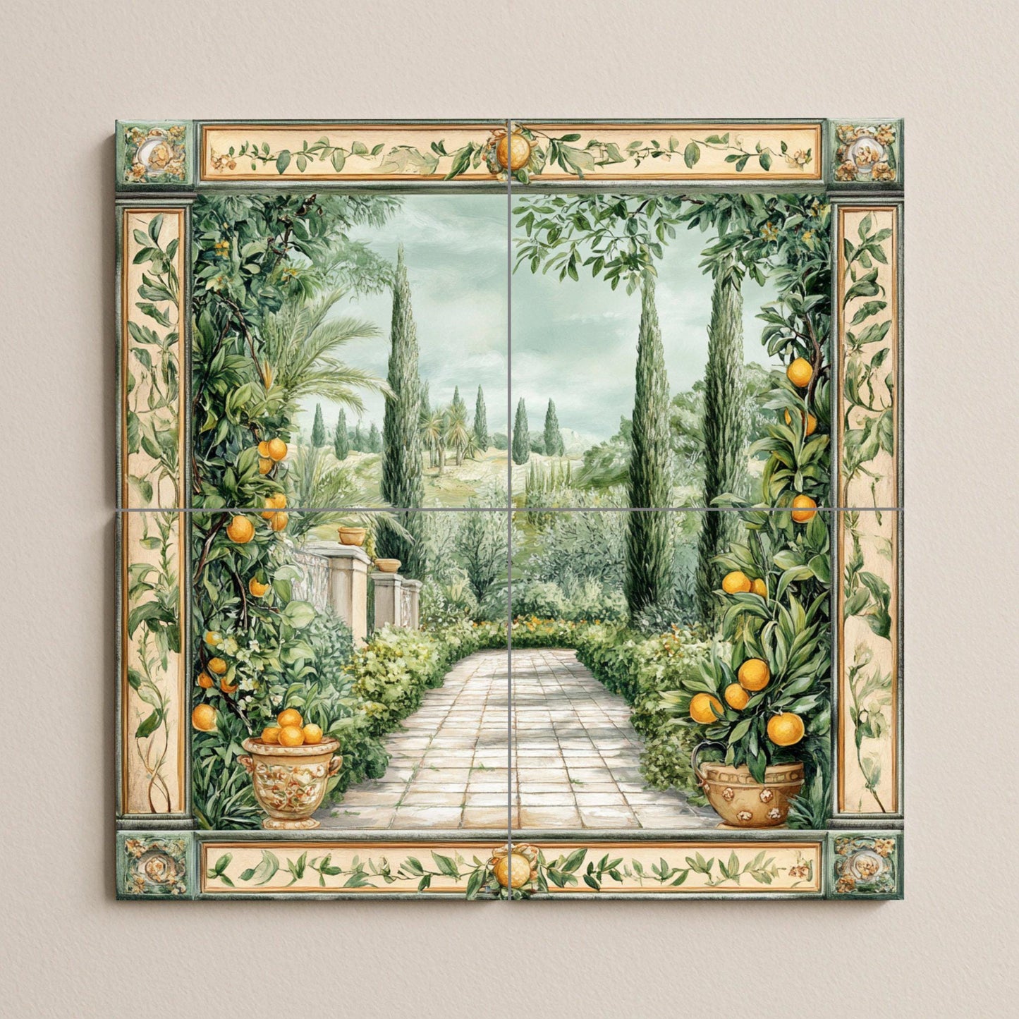 Mural de pared de cerámica de jardín mediterráneo con naranjos y…